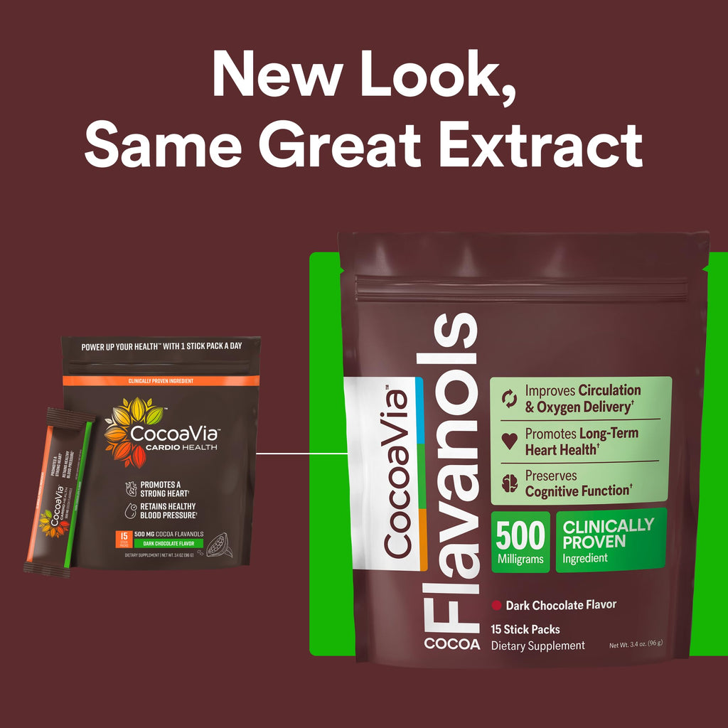 CocoaVia Cocoa Flavanols 500mg, High Flavanol Cocoa Powder, Support Heart and Brain Health, Boosts Nitric Oxide, Circulation, Preworkout, Travel-Friendly, Vegan, Dark Chocolate, 15 Single Serve Sticks