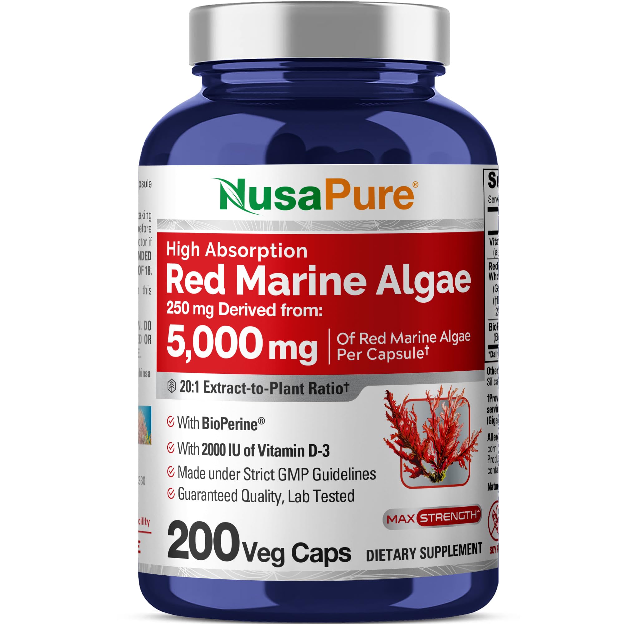 NusaPure Red Marine Algae 20:1 Extract, 250 mg Equivalent to 5,000 mg 200 Veggie Capsules (Non-GMO & Soy Free) Bioperine NusaPure Au supplements