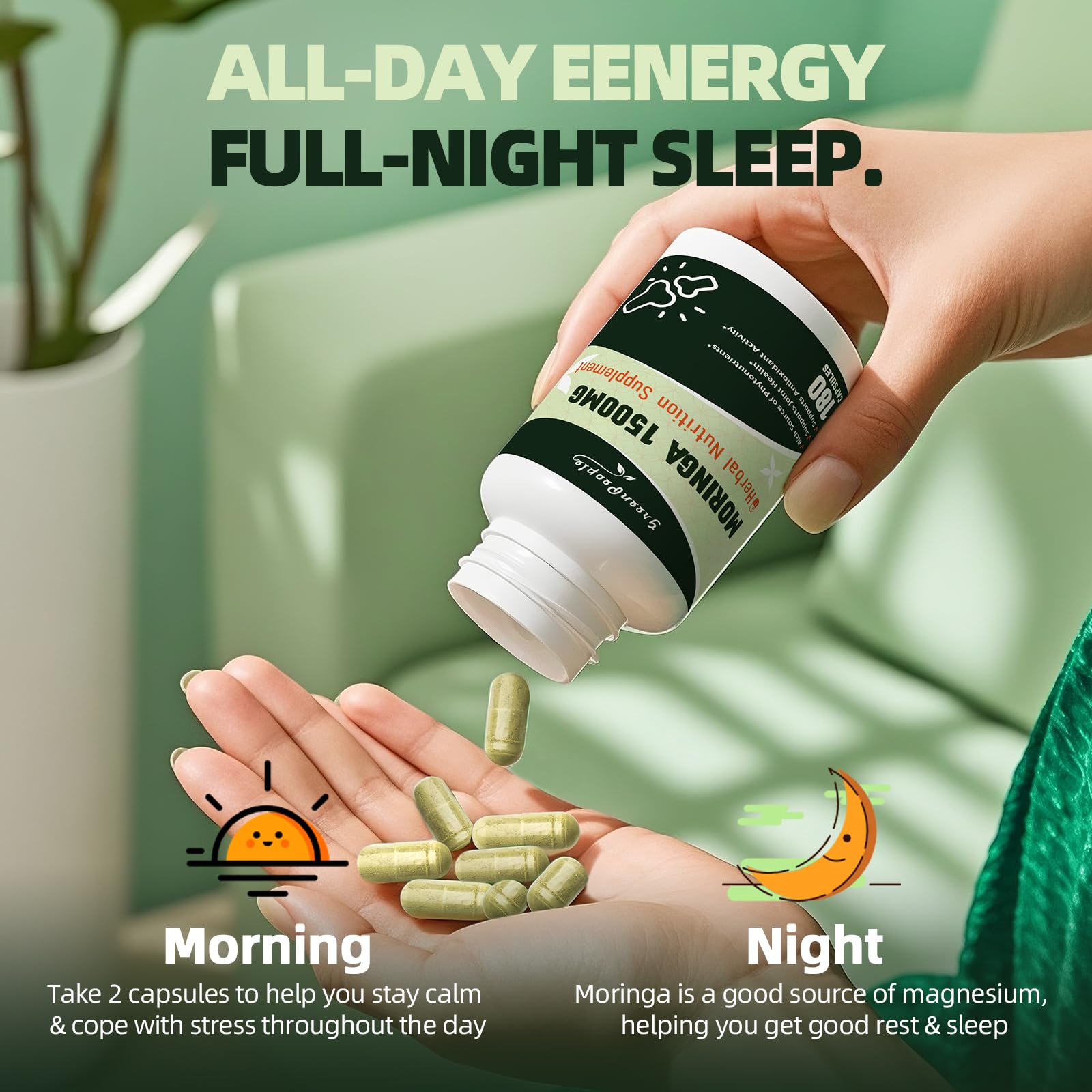 GREENPEOPLE Whole-Leaf Moringa Capsules 1500mg - High Potency 10:1 Moringa Oleifera Leaf Extract - Natural Green Superfood for Energy & Immune Support