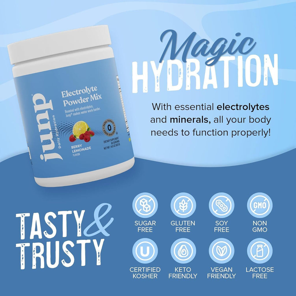 JUNP Electrolytes Powder No Sugar No Carbs – Berry Lemonade Keto Electrolyte Drink Mix - Potassium & Salt Hydration Powder Electrolytes - Zero Calorie Sugar Free Electrolyte Powder, 90 Servings