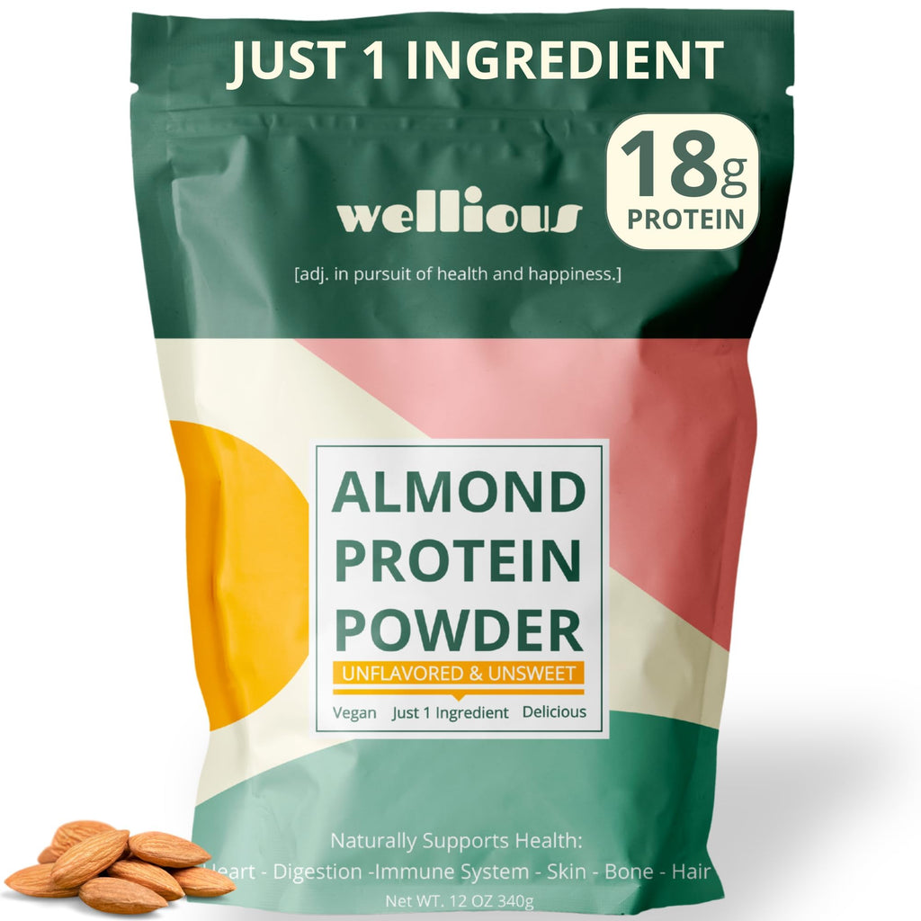 wellious Almond Protein Powder (Unflavored, Unsweetened) - 18 Grams of Pure Healthiest Vegan Protein for Women & Men | Soy-Free & Gut Friendly Protein