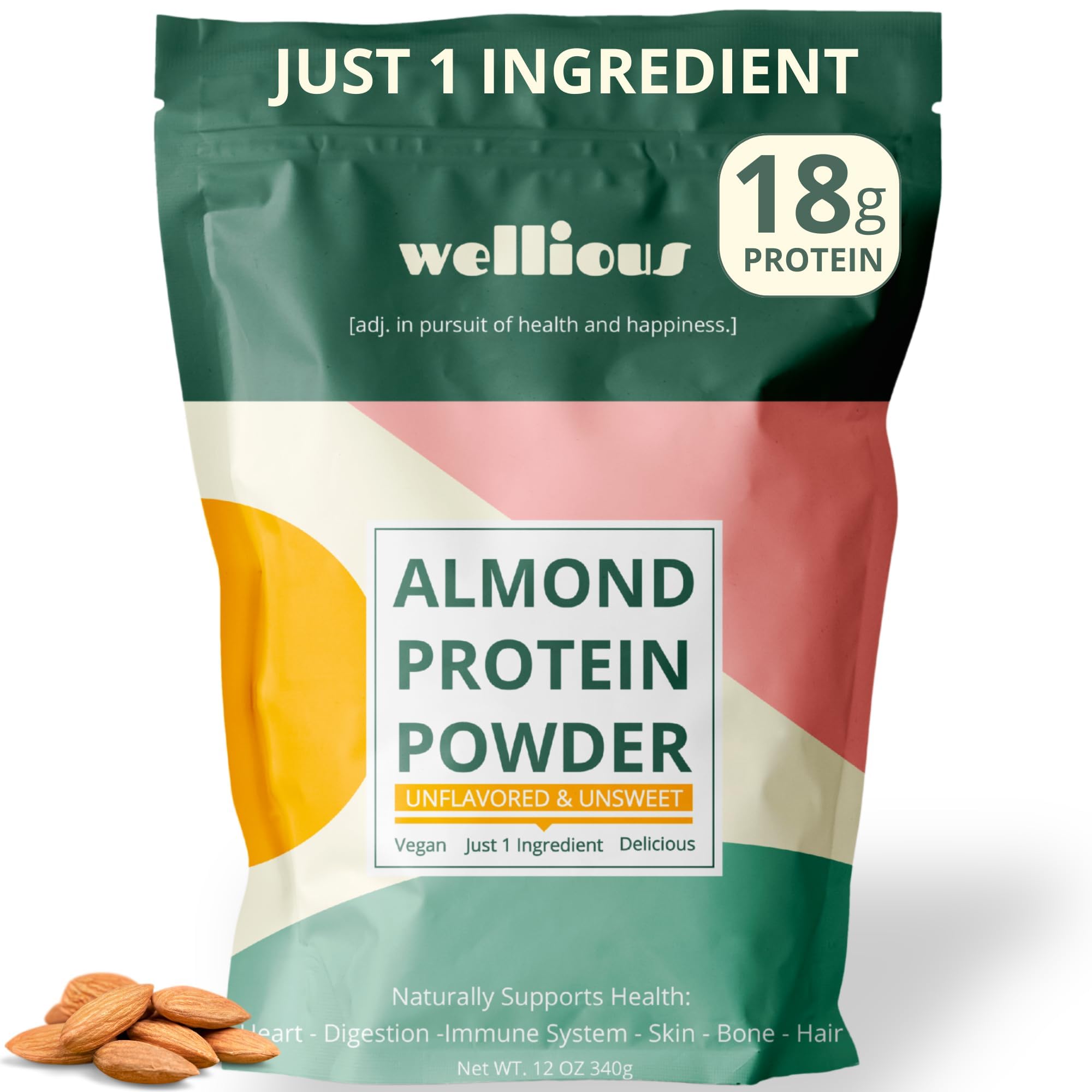 wellious Almond Protein Powder (Unflavored, Unsweetened) - 18 Grams of Pure Healthiest Vegan Protein for Women & Men | Soy-Free & Gut Friendly Protein
