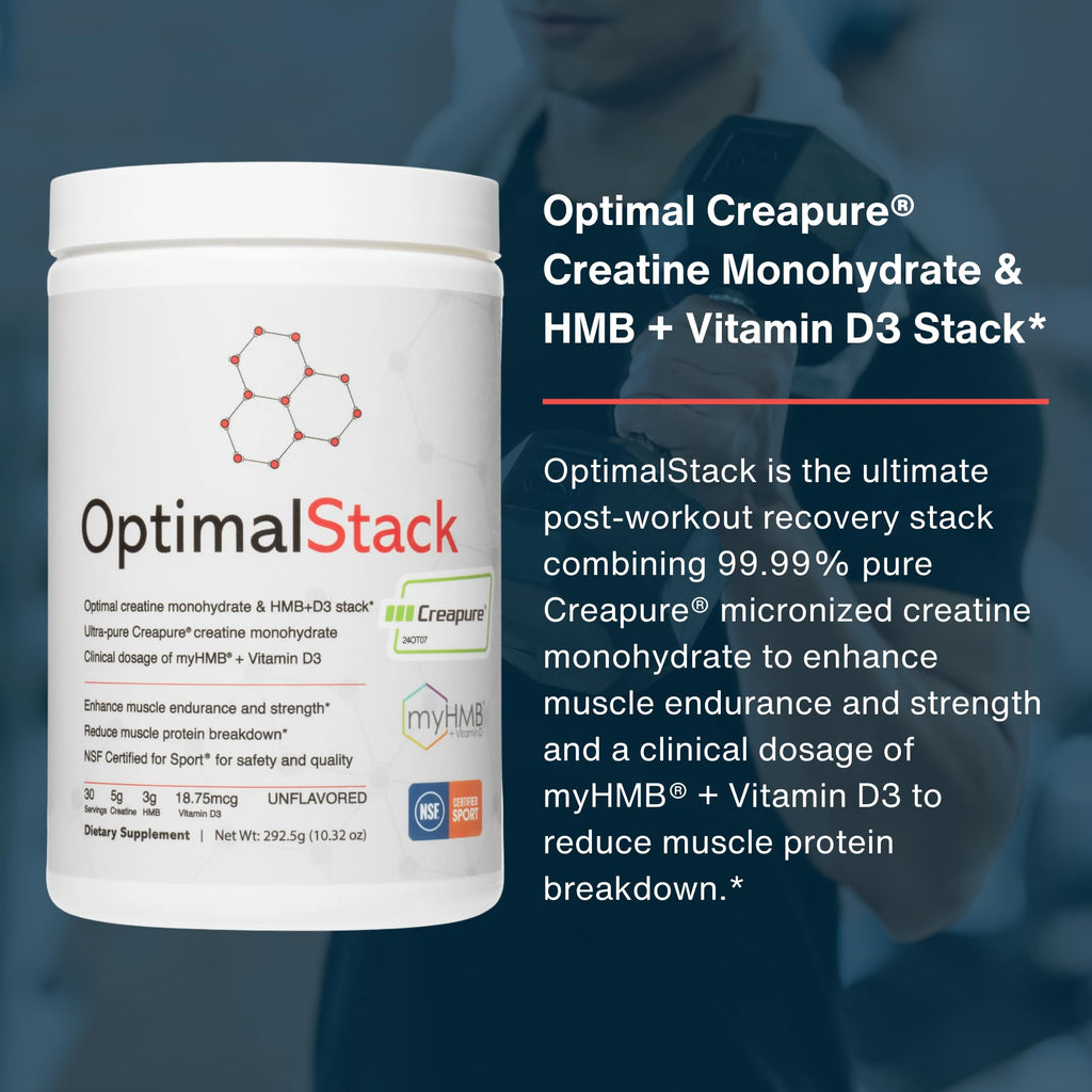 OptimalStack Creatine Monohydrate, HMB, & Vitamin D3 Stack | with Creapure Creatine, Clinical Dosage of myHMB, and Vitamin D3 | NSF for Sport Certified | Unflavored, 30 Servings OptimalAmino Au supplements
