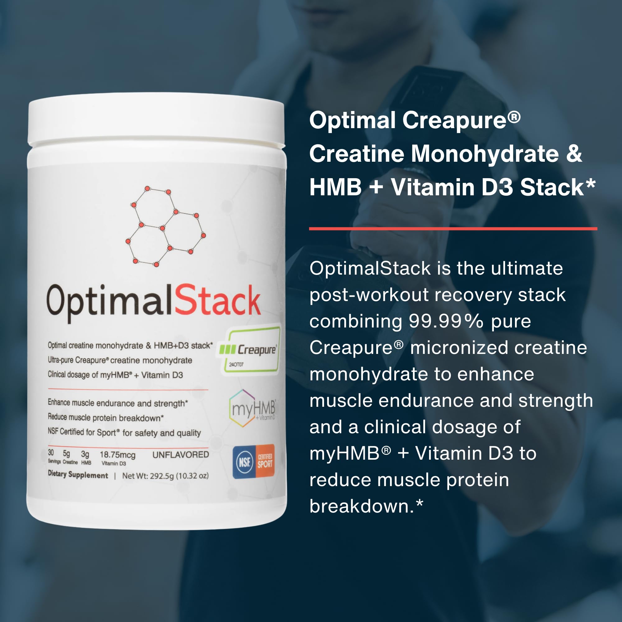 OptimalStack Creatine Monohydrate, HMB, & Vitamin D3 Stack | with Creapure Creatine, Clinical Dosage of myHMB, and Vitamin D3 | NSF for Sport Certified | Unflavored, 30 Servings OptimalAmino Au supplements