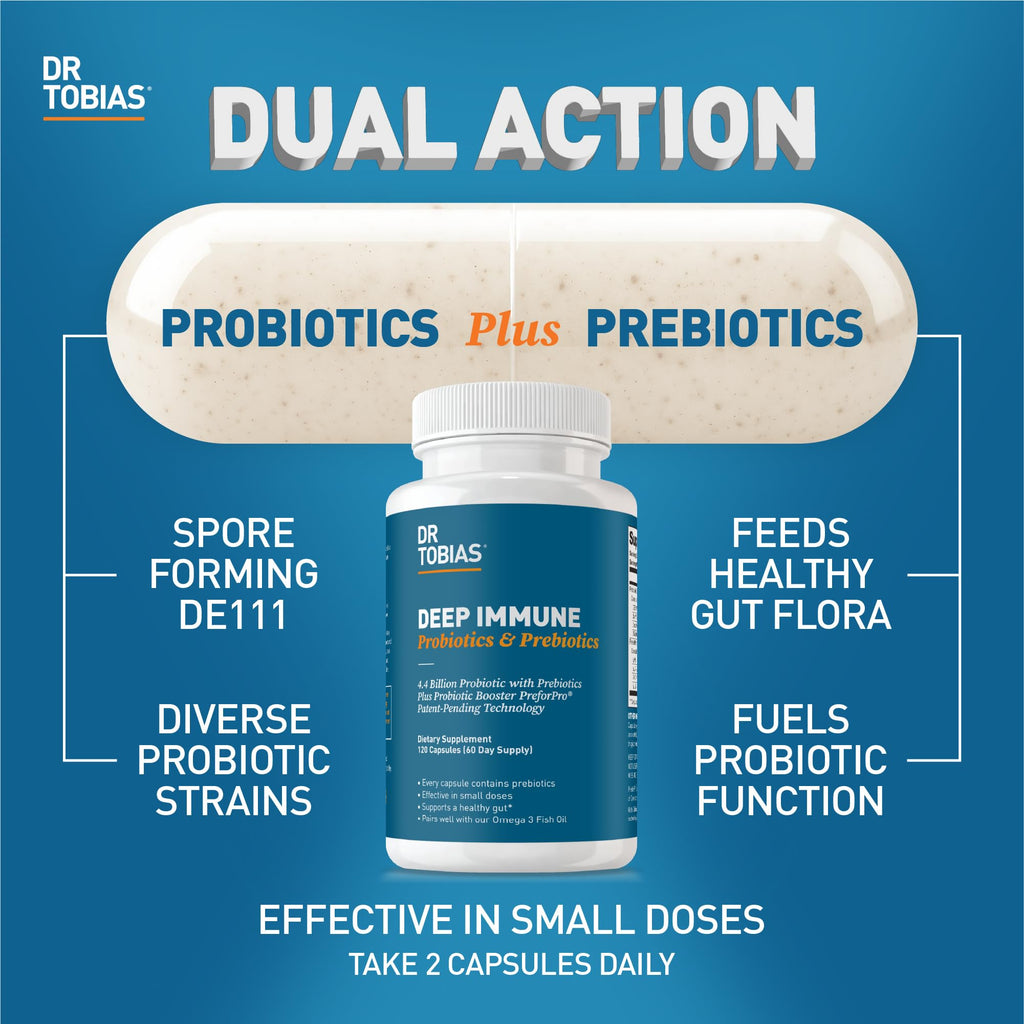 Dr. Tobias Deep Immune Probiotics & Prebiotics - Dual Action Digestion & Immune Support with PreforPro Prebiotics & Spore Forming Probiotics for Women & Men - 120 Capsules (60 Servings) Dr. Tobias Au supplements