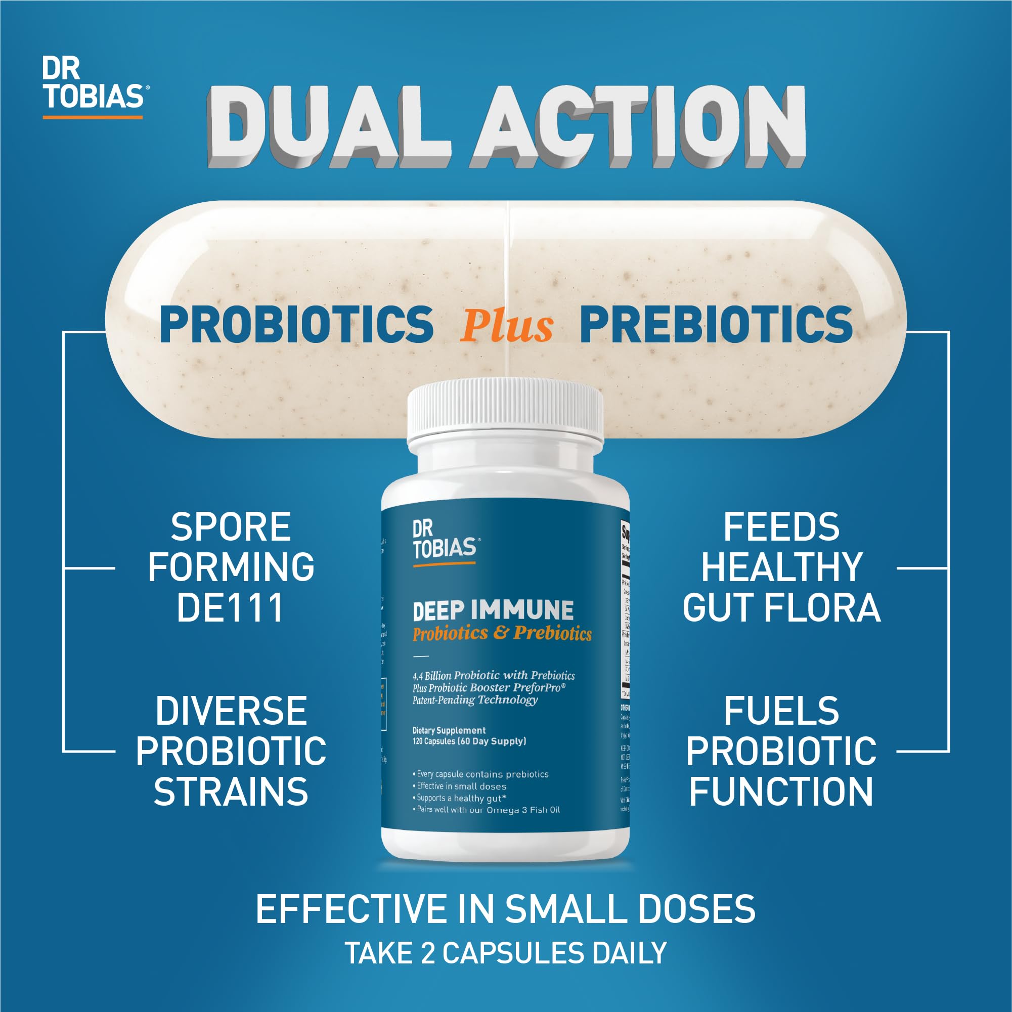 Dr. Tobias Deep Immune Probiotics & Prebiotics - Dual Action Digestion & Immune Support with PreforPro Prebiotics & Spore Forming Probiotics for Women & Men - 120 Capsules (60 Servings) Dr. Tobias Au supplements