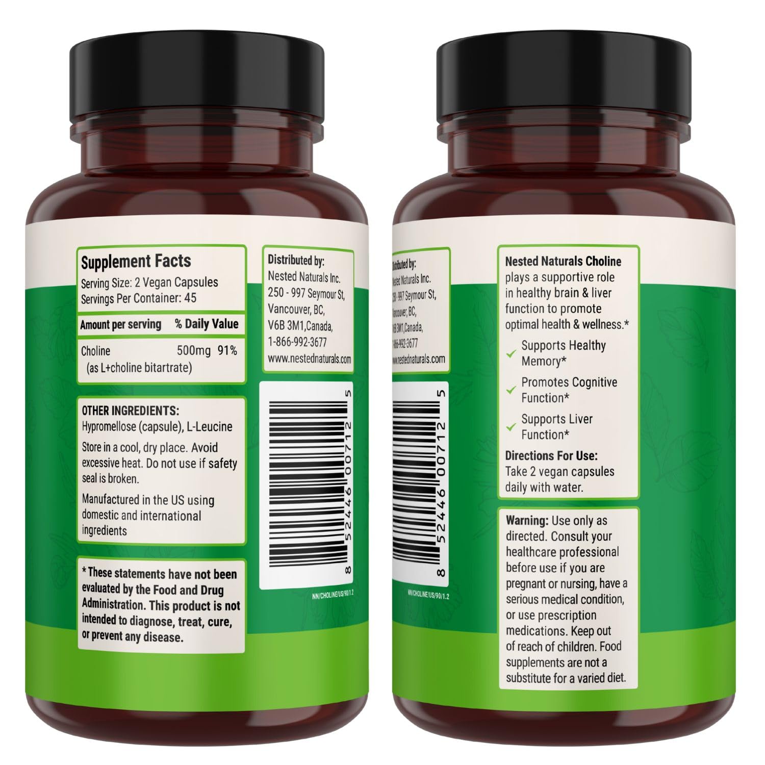 Nested Naturals Choline Bitartrate 500mg Per Serving - High Potency Choline Supplements - Supports Cognitive Performance & Liver Function -