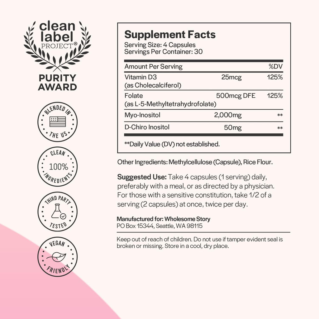 Myo-Inositol & D-Chiro Inositol Capsules with MTHF, Folate, Vitamin D| Support for Ovarian Function, Hormone Balance, & Homocysteine Levels | Fertility Supplements for Women | 40:1 Ratio Wholesome Story Au supplements