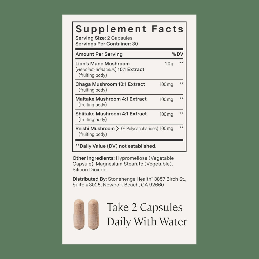 Stonehenge Health Dynamic Mushrooms 1,400 mg – 5 Mushroom Complex (Lion’s Mane, Reishi, Chaga, Maitake, Shiitake) – 100% Fruiting Bodies, Nootropic – Brain, Memory, Focus & Immune Support – 60 Caps Stonehenge Health Au supplements