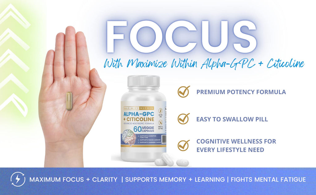 Maximize Within Alpha GPC + Citicoline 60 Ct, 1600mg Concentrated Formula- 99%+Highly Purified & Bioavailable Nootropic-Cognitive Enhancer, Supports Memory, Brain Function, Boosts Focus, Mood & Energy Maximize Within Au supplements