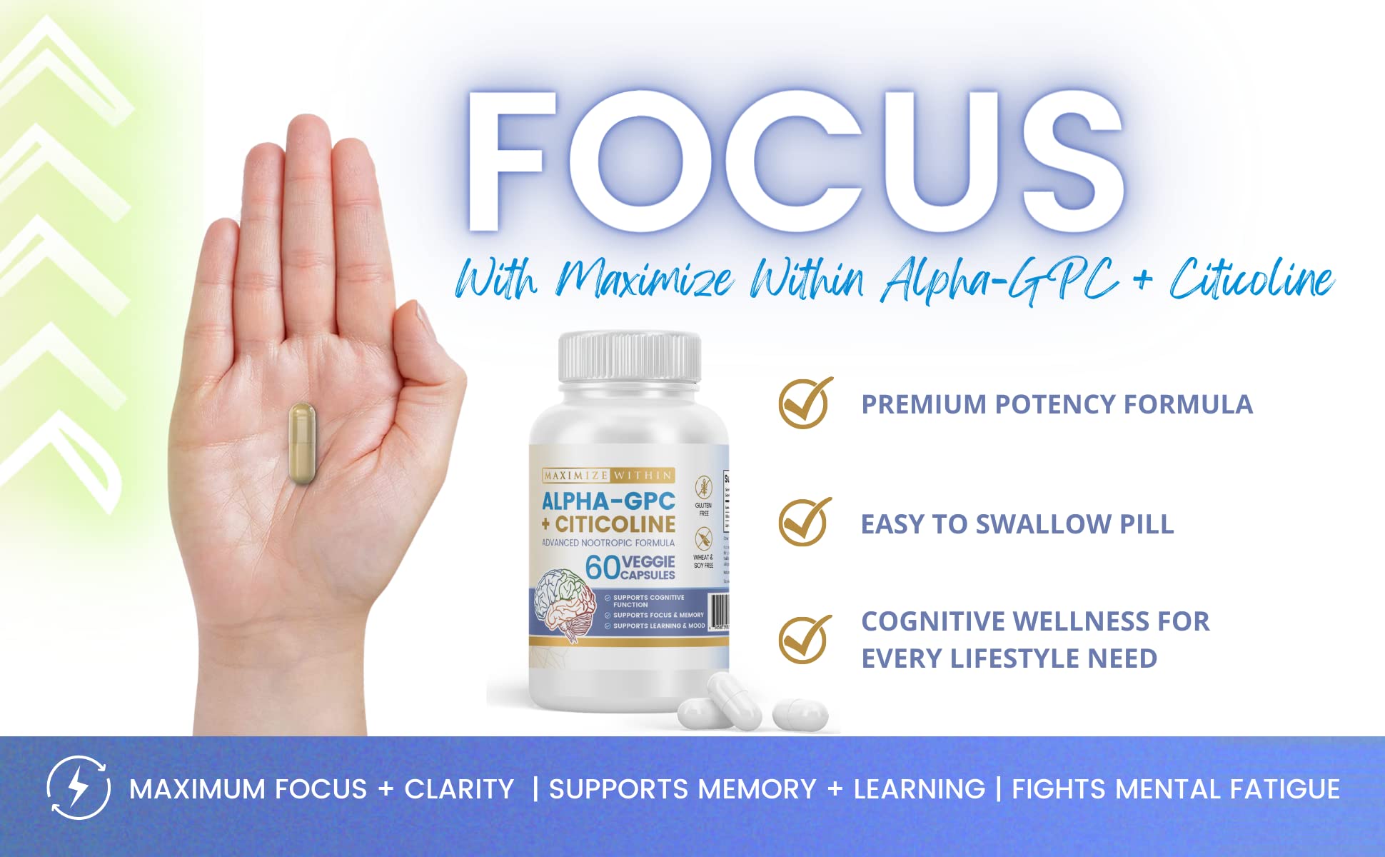 Maximize Within Alpha GPC + Citicoline 60 Ct, 1600mg Concentrated Formula- 99%+Highly Purified & Bioavailable Nootropic-Cognitive Enhancer, Supports Memory, Brain Function, Boosts Focus, Mood & Energy Maximize Within Au supplements