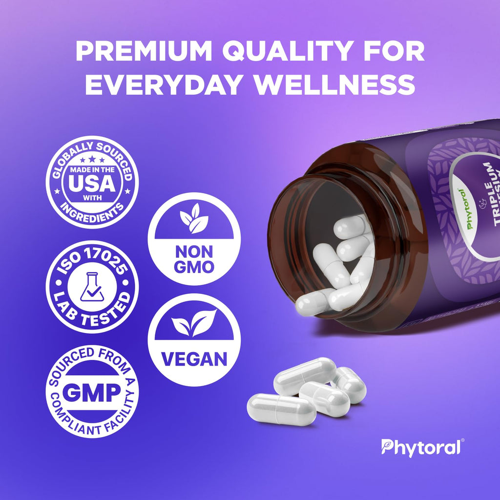 Highly Potent Magnesium Complex Capsules - Triple Magnesium Blend with Taurate Glycinate and Malate - 400mg Supplement Supports Relaxation & Overall Wellness Non-GMO Vegan - 90 Count Phytoral Au supplements
