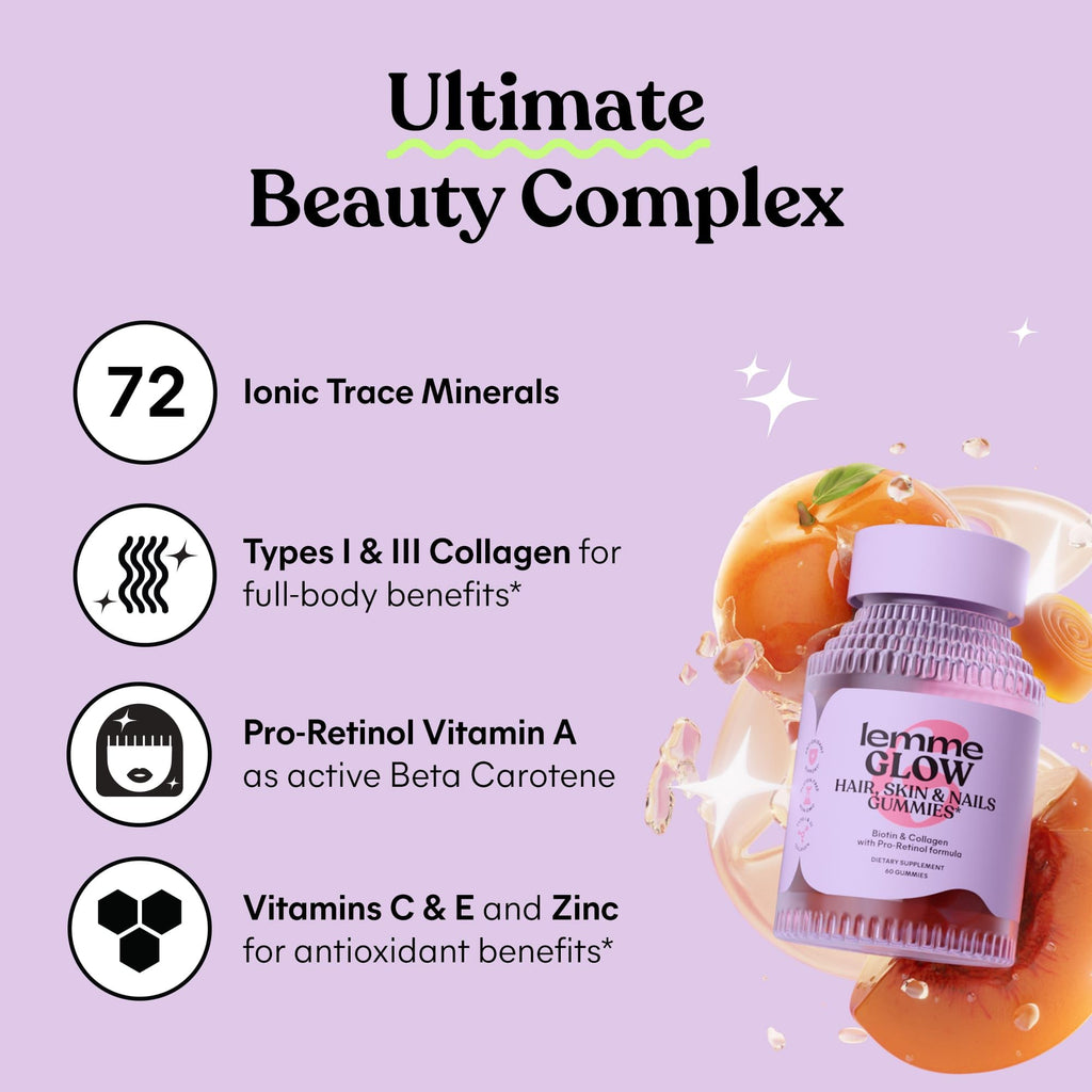 Lemme Glow Collagen Gummies for Thick Hair, Strong Nails & Healthy Skin with Multi-Collagen Peptides, Biotin, Trace Minerals, Zinc, Vitamins A, C & E