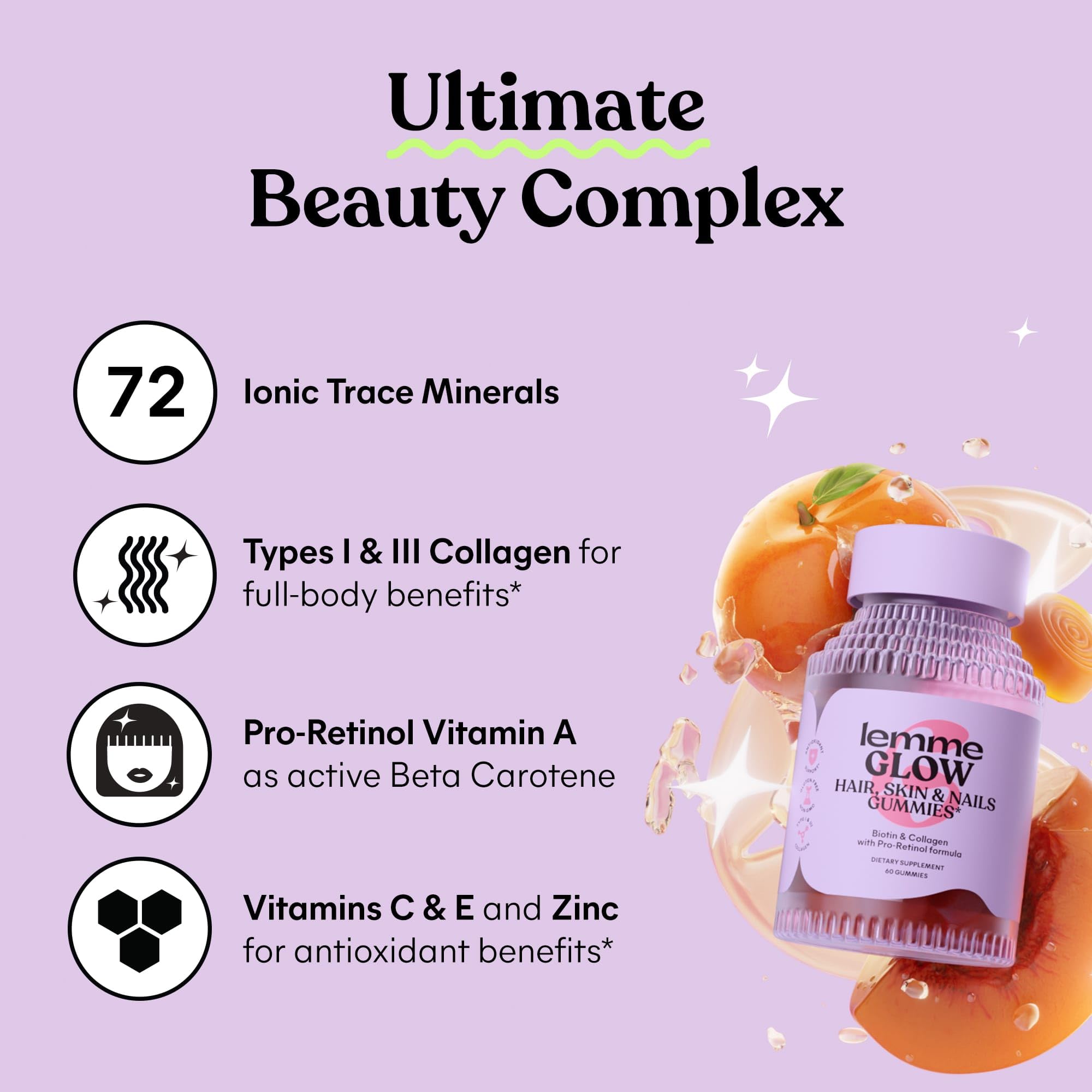 Lemme Glow Collagen Gummies for Thick Hair, Strong Nails & Healthy Skin with Multi-Collagen Peptides, Biotin, Trace Minerals, Zinc, Vitamins A, C & E