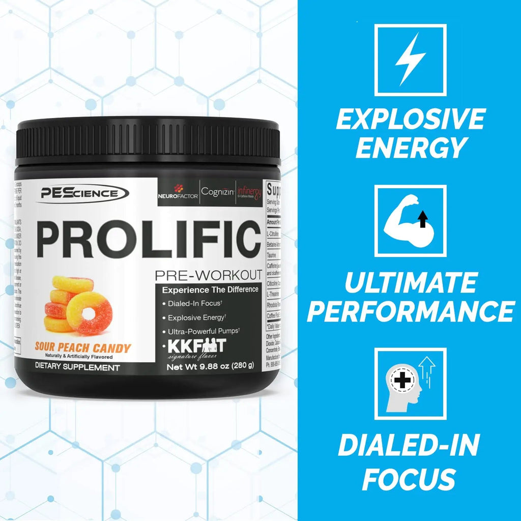 PEScience Prolific Pre Workout Powder, Sour Peach Candy, 40 Scoop, Energy Supplement PEScience Au supplements