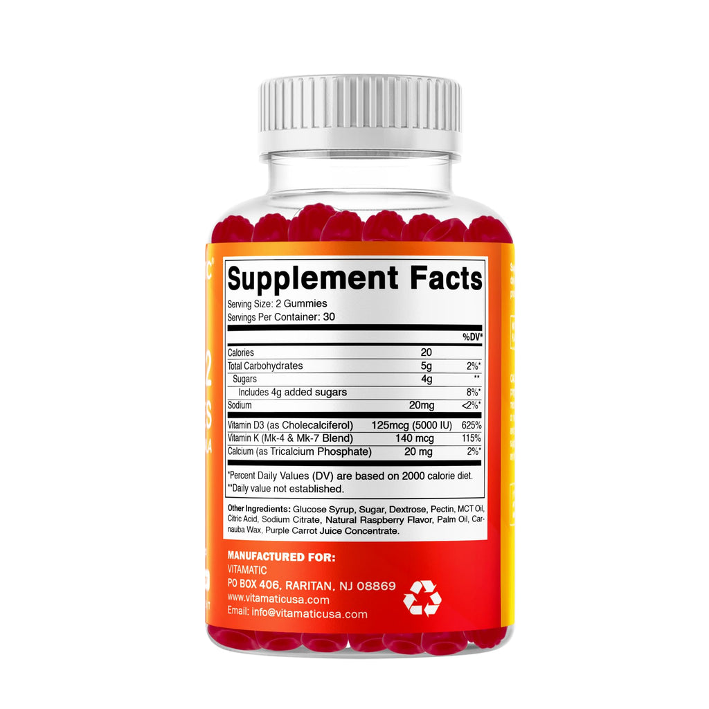 Vitamatic Vitamin D3 & K2 Gummies (2-Pack, 60 Count) Supports Healthy Bones, Heart Health, Calcium Absorption,