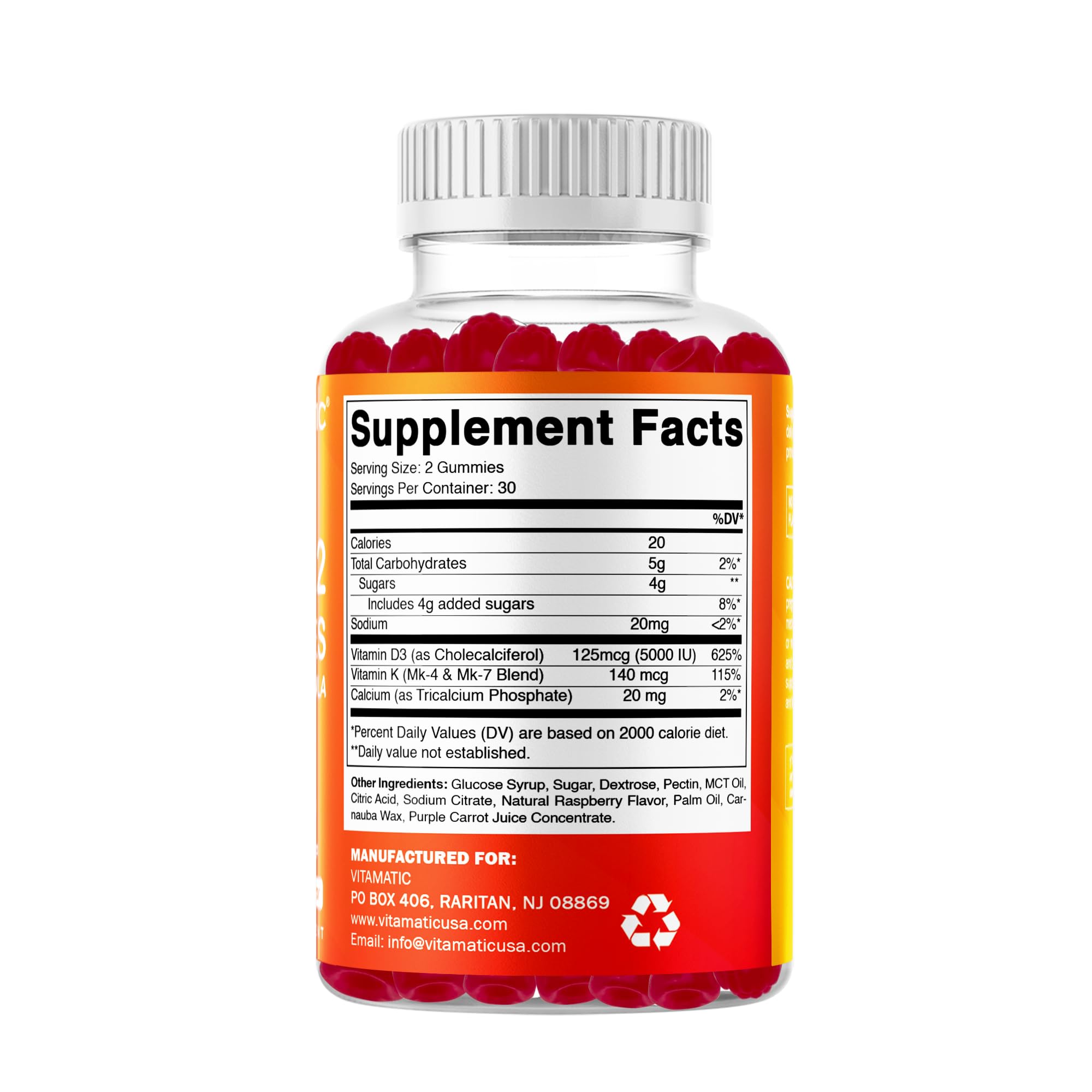 Vitamatic Vitamin D3 & K2 Gummies (2-Pack, 60 Count) Supports Healthy Bones, Heart Health, Calcium Absorption,