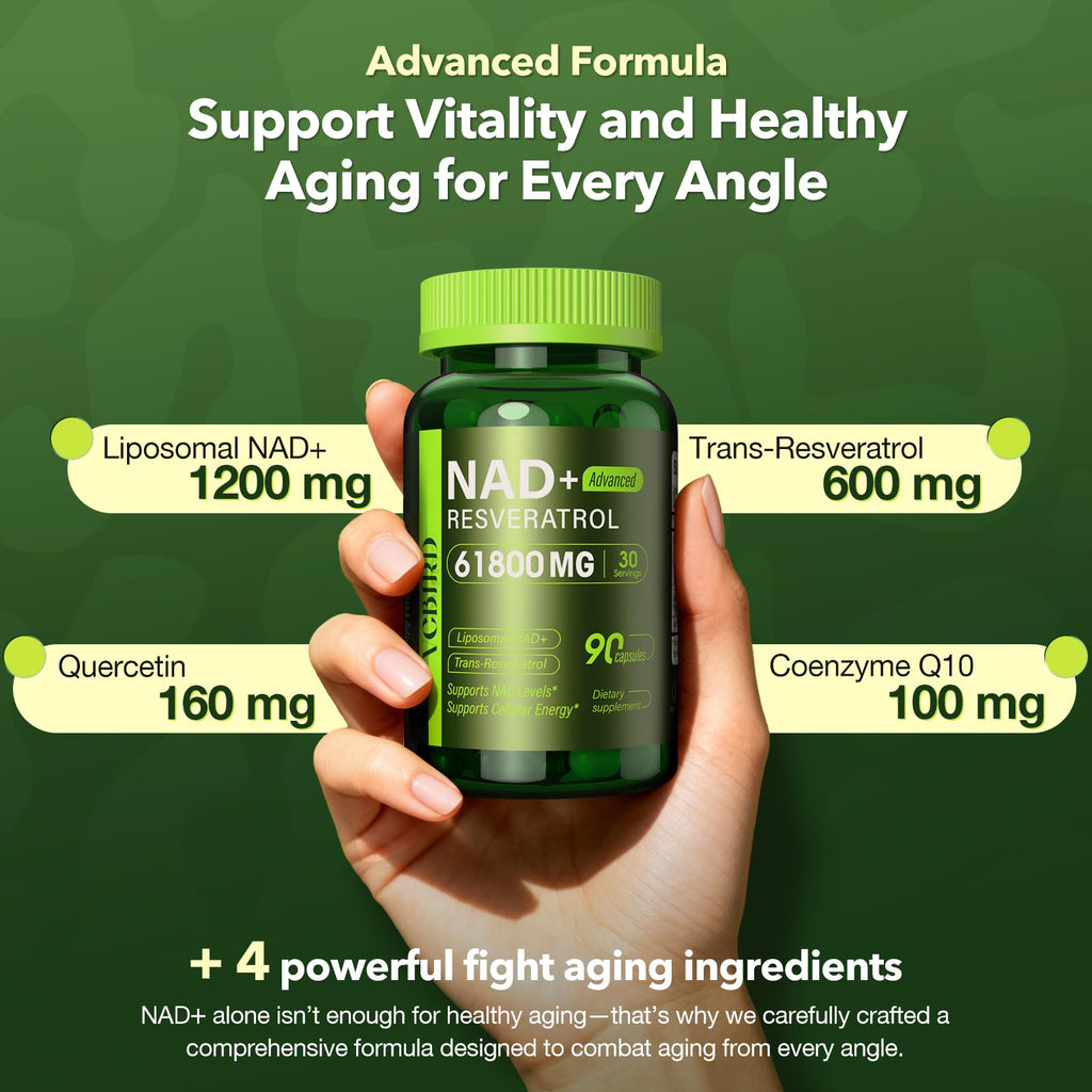 Nad Resveratrol Supplement 61800mg Per Bottle – Liposomal Nad+ Resveratrol for Women & Men – High Purity 1200mg Nad+ Supplement for Energy & Healthy Aging, Resveratrol, Quercetin, CoQ10 – 90 Counts VCBIRD Au supplements