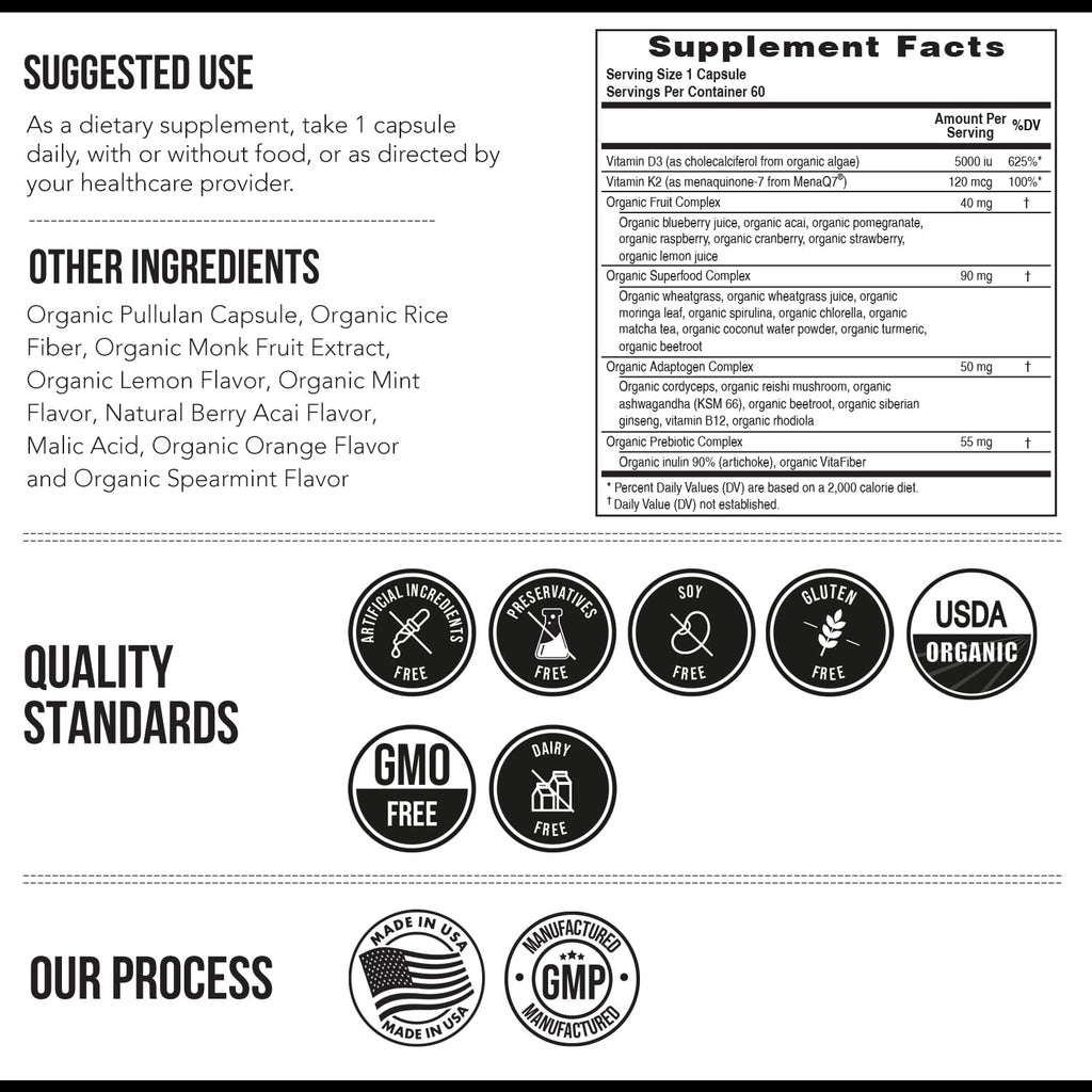 Organic Plant D3 + K2 | 5000 iu D3 + 120 mcg K2 as All-Trans MK7 from MenaQ7® - 100% Whole Food, Raw & Vegan | Enhanced Digestion with Prebiotic
