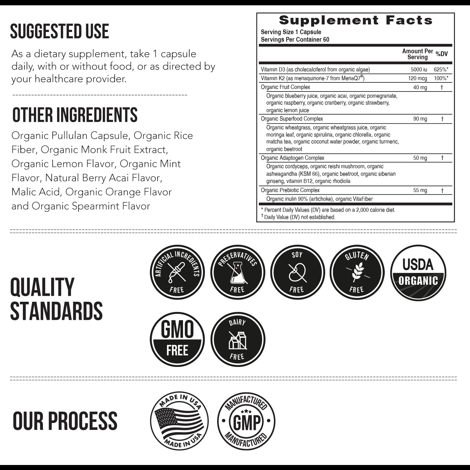 Organic Plant D3 + K2 | 5000 iu D3 + 120 mcg K2 as All-Trans MK7 from MenaQ7® - 100% Whole Food, Raw & Vegan | Enhanced Digestion with Prebiotic