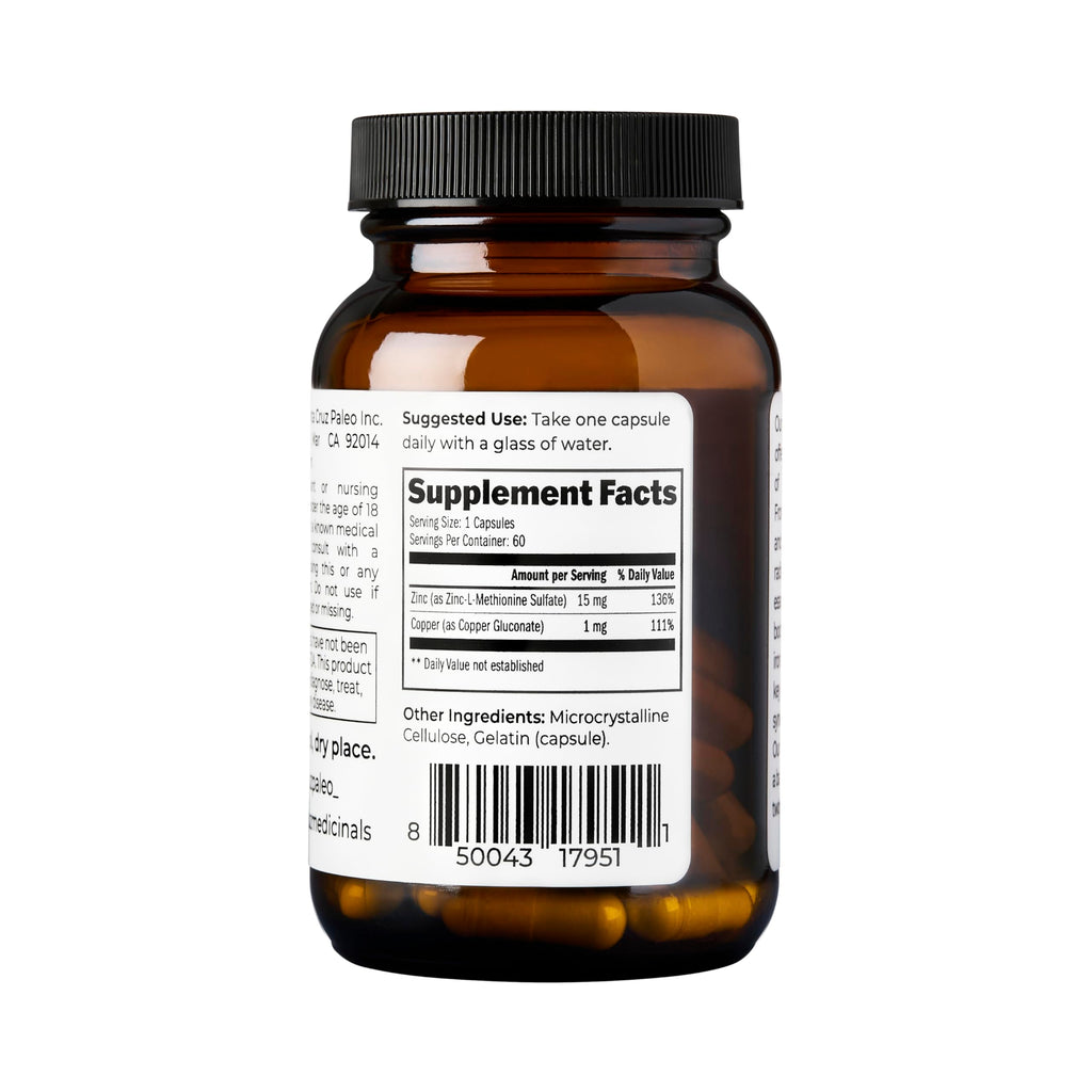 Santa Cruz Paleo, Zinc & Copper Mineral Supplement, High Absorption Formula, Zinc Supplement for Skin & Hair, L Methionine, Copper Gluconate, Trace Minerals