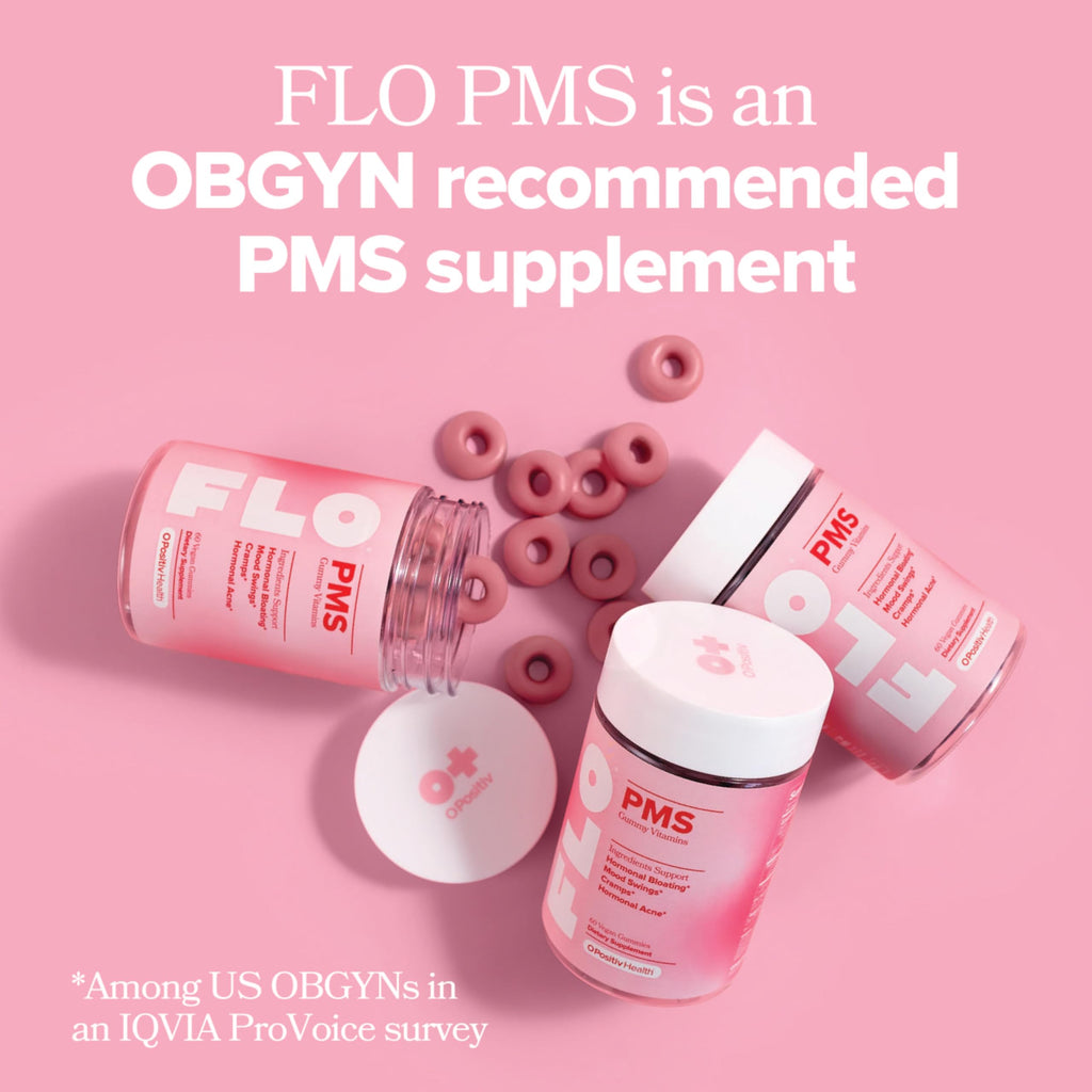 O Positiv FLO PMS Gummies for Women - Proactive PMS Relief - Targets Hormonal Breakouts, Bloating, Cramps, & Mood Swings with Chasteberry
