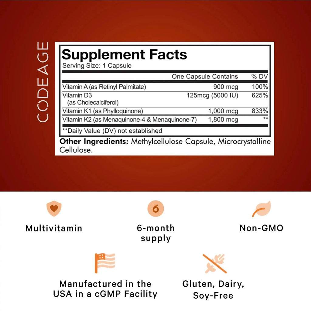 Codeage ADK Vitamins Supplement - Essential Vitamin A, D3 5000 IU, K1 & K2 (MK4 & MK7) - 6-Month Supply - 1 Capsule per Serving Codeage Au supplements