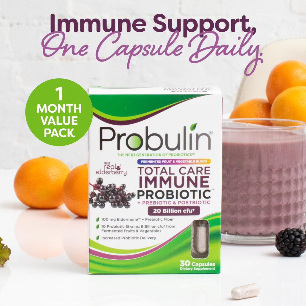 Probulin Total Care Immune = Prebiotics + Probiotics + Postbiotics + Elderberry to Support Immune & Gut Health - 20 Billion CFU - 10 Probiotic Strains, 30 Vegan Capsules Probulin Au supplements