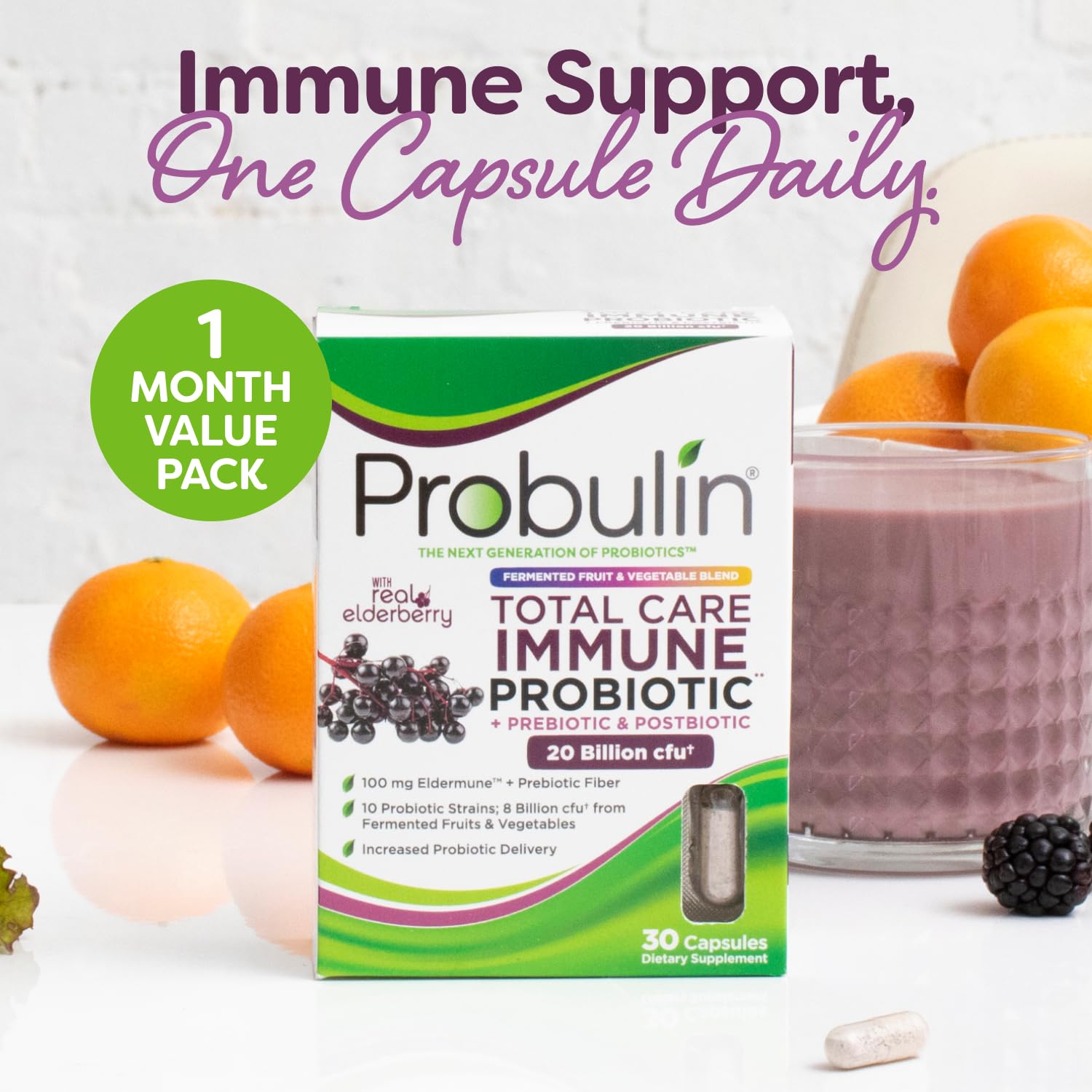 Probulin Total Care Immune = Prebiotics + Probiotics + Postbiotics + Elderberry to Support Immune & Gut Health - 20 Billion CFU - 10 Probiotic Strains, 30 Vegan Capsules Probulin Au supplements