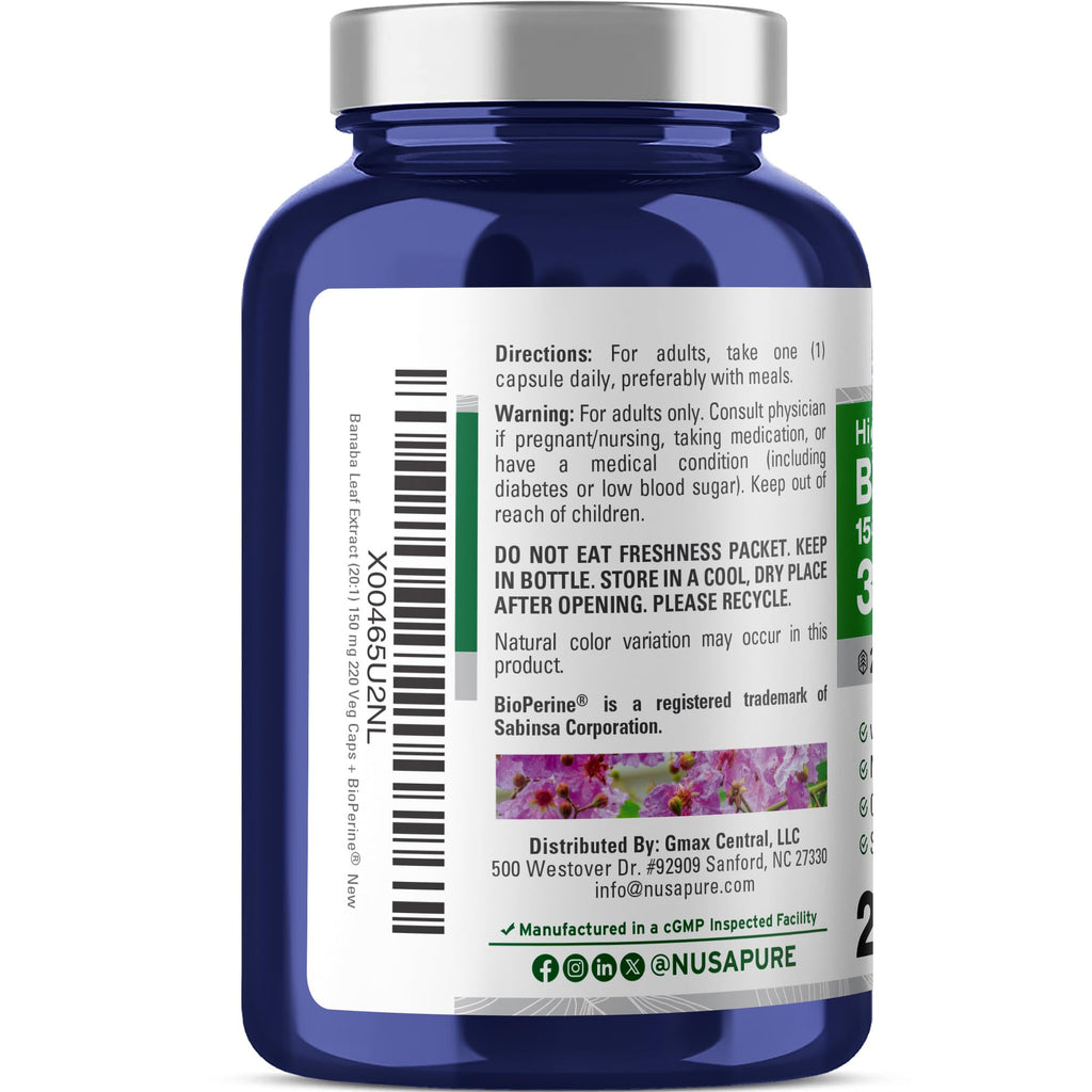NusaPure Banaba Leaf 20:1 Extract, 150 mg Equivalent to 3,000mg Veg Caps, 220 Days Supply (Non-GMO & Vegan) 2% Corosolic Acid NusaPure Au supplements