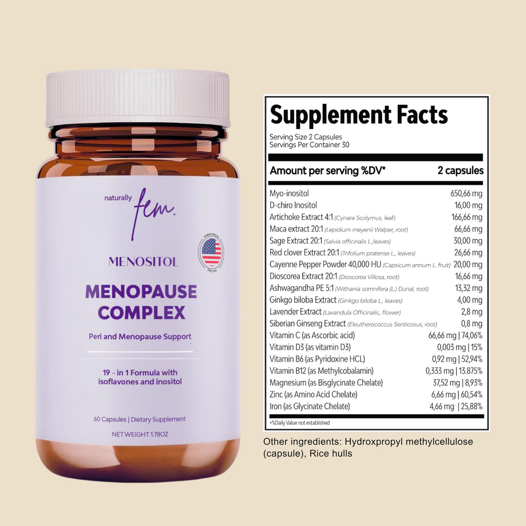 Inositol FEM Menositol 19-in-1 60Caps, Perimenopause & Menopause Supplements for Women Weight Loss with Myo-Inositol, D-chiro and Isoflavones, Control Metabolic Health, 100% Natural, Hormone, SoyFree QSTA Au supplements
