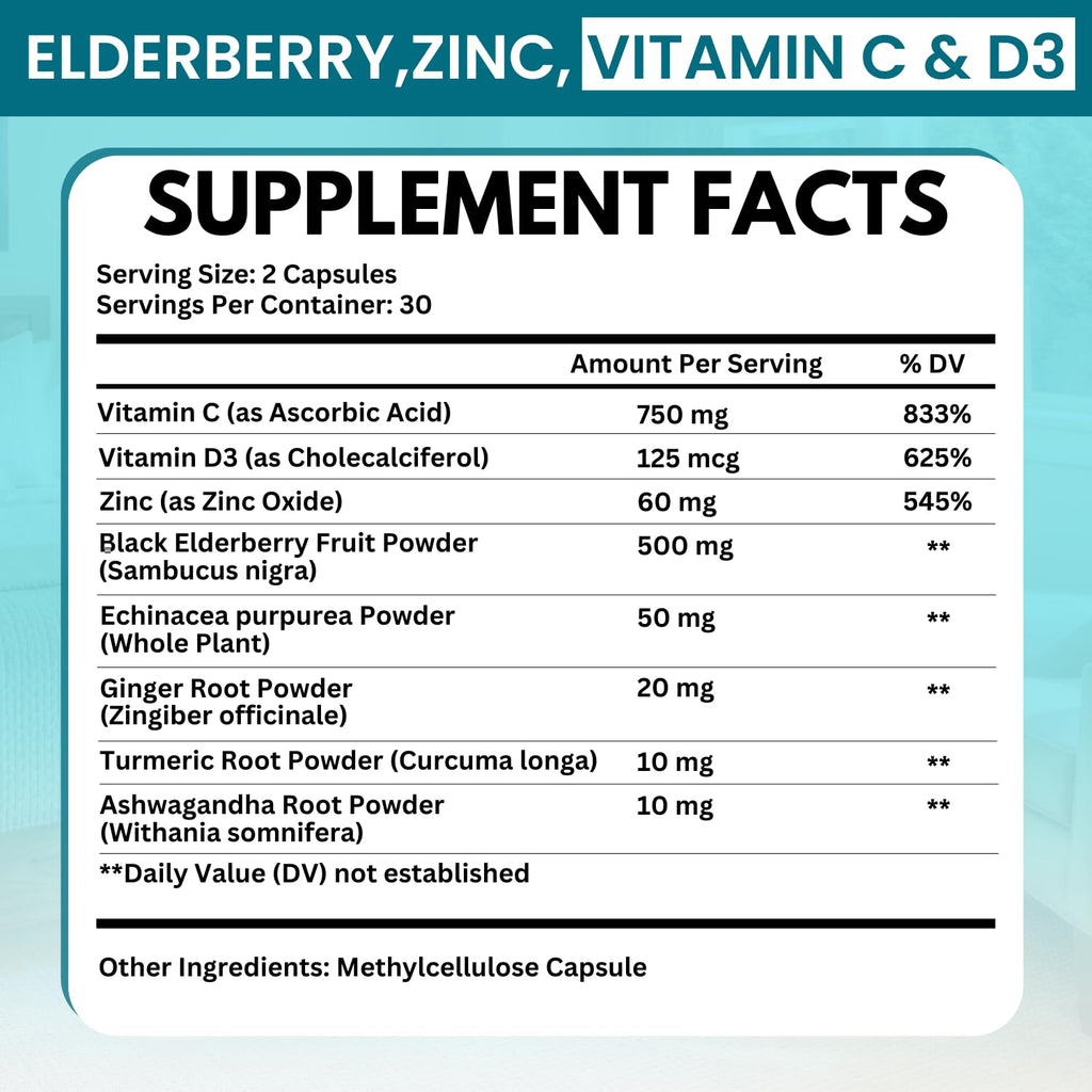 Elderberry Immune Support Supplement 8-in-1 Formula with Echinacea, Vitamin C & Zinc, Vitamin D 5000 IU, Turmeric, Ginger, Ashwagandha – 60 Capsules