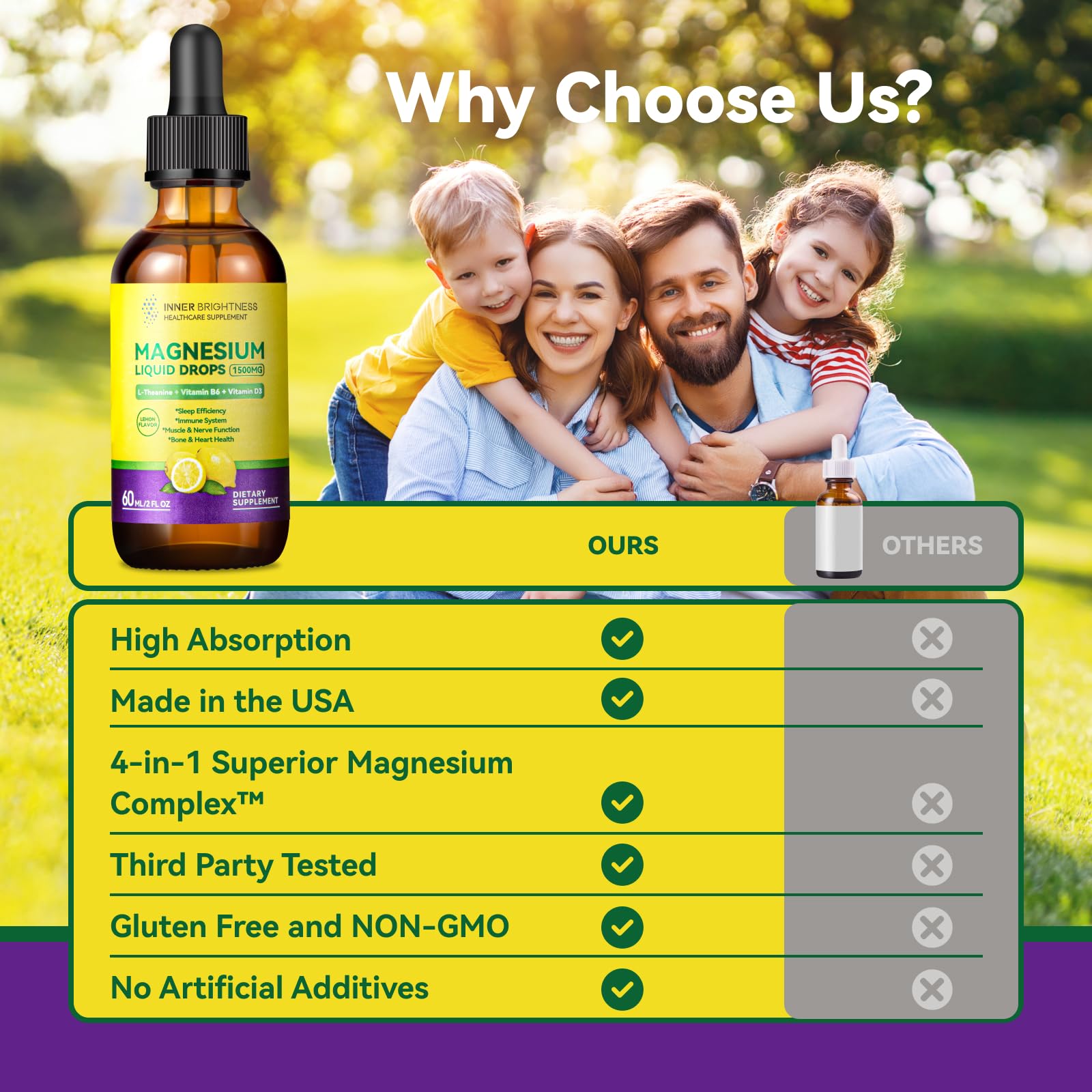 Magnesium Glycinate Liquid Drops 1500mg with Magnesium Citrate & Taurate, L-Theanine, Vitamin D3, B6 - Supports Calm, Sleep, Muscle Relaxation, Leg Cramps & Energy, Lemon Flavor, 60 mL Inner Brightness Au supplements