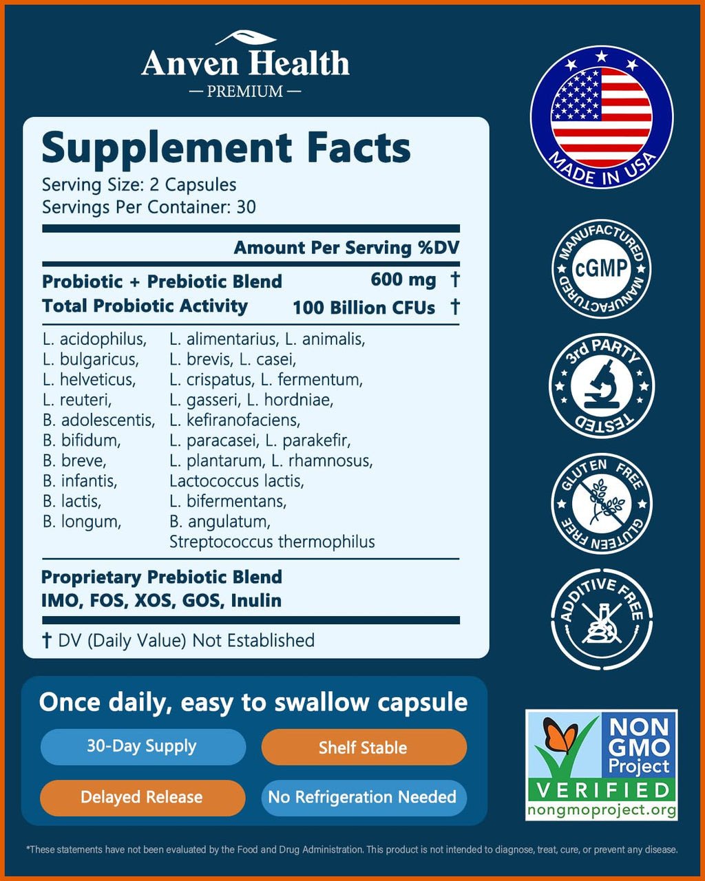 Anven Health 100 Billion Probiotics for Men and Women 27 Strains 5 Organic Prebiotics for Gut Digestive & Immune Health, Supports Diarrhea Gas Bloating