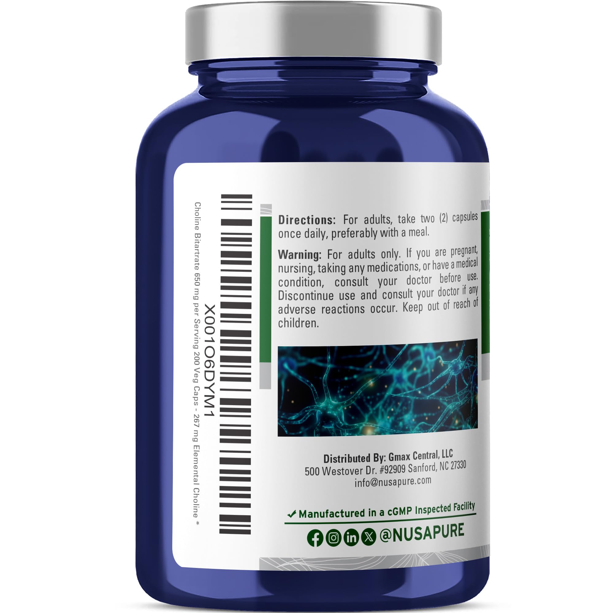 NusaPure Choline Bitartrate - Suitable for Vegetarian/Vegan, Non - GMO - 650 mg 200 Capsules NusaPure Au supplements