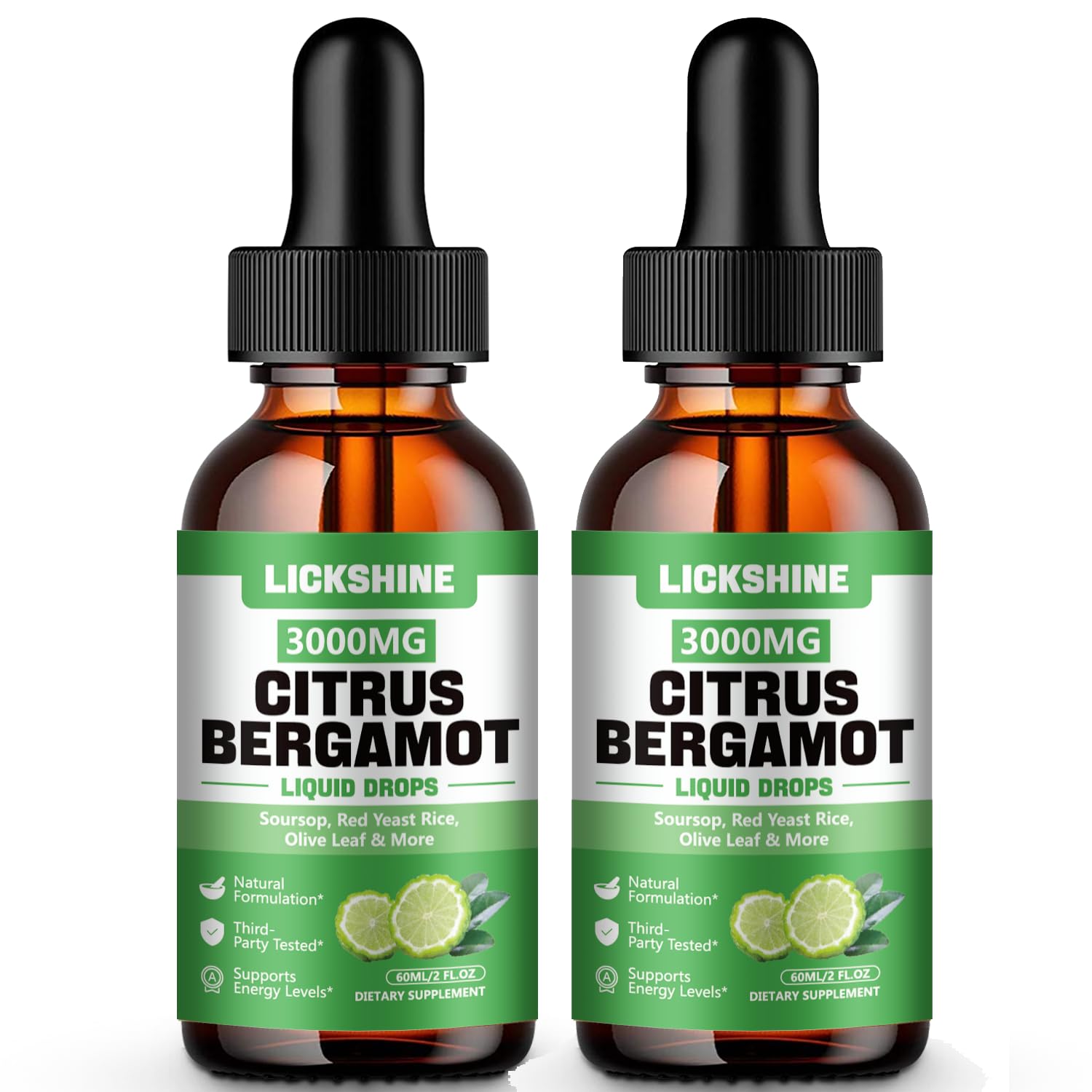 lickshine 2 Pack 3000mg Citrus Bergamot Liquid Drops - High Absorption - Cholesterol Lowering Supplement for Immune Support Anti-Aging,