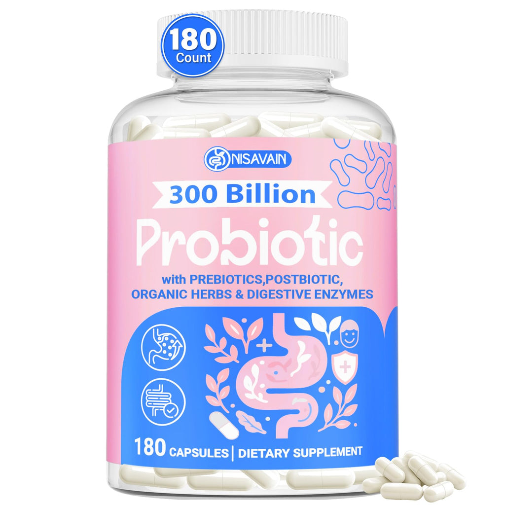 (180 Capsules) Probiotics for Women & Men, 5-in-1 Probiotic, Prebiotic, Postbiotic, Organic Herbs & 16 Digestive Enzymes Blend, 300 Billion CFU, Complete Gut Health, Digestive Health & Immune* Nisavain Au supplements