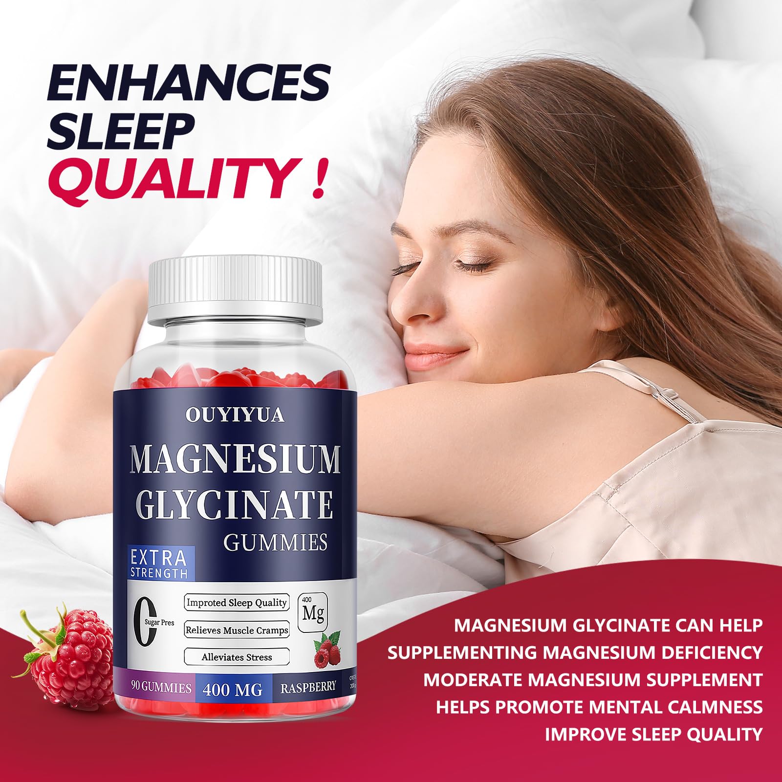 Magnesium Glycinate 400mg Gummies, Sugar Free Magnesium Gummies with Vitamins D, B6 for Sleep Support,