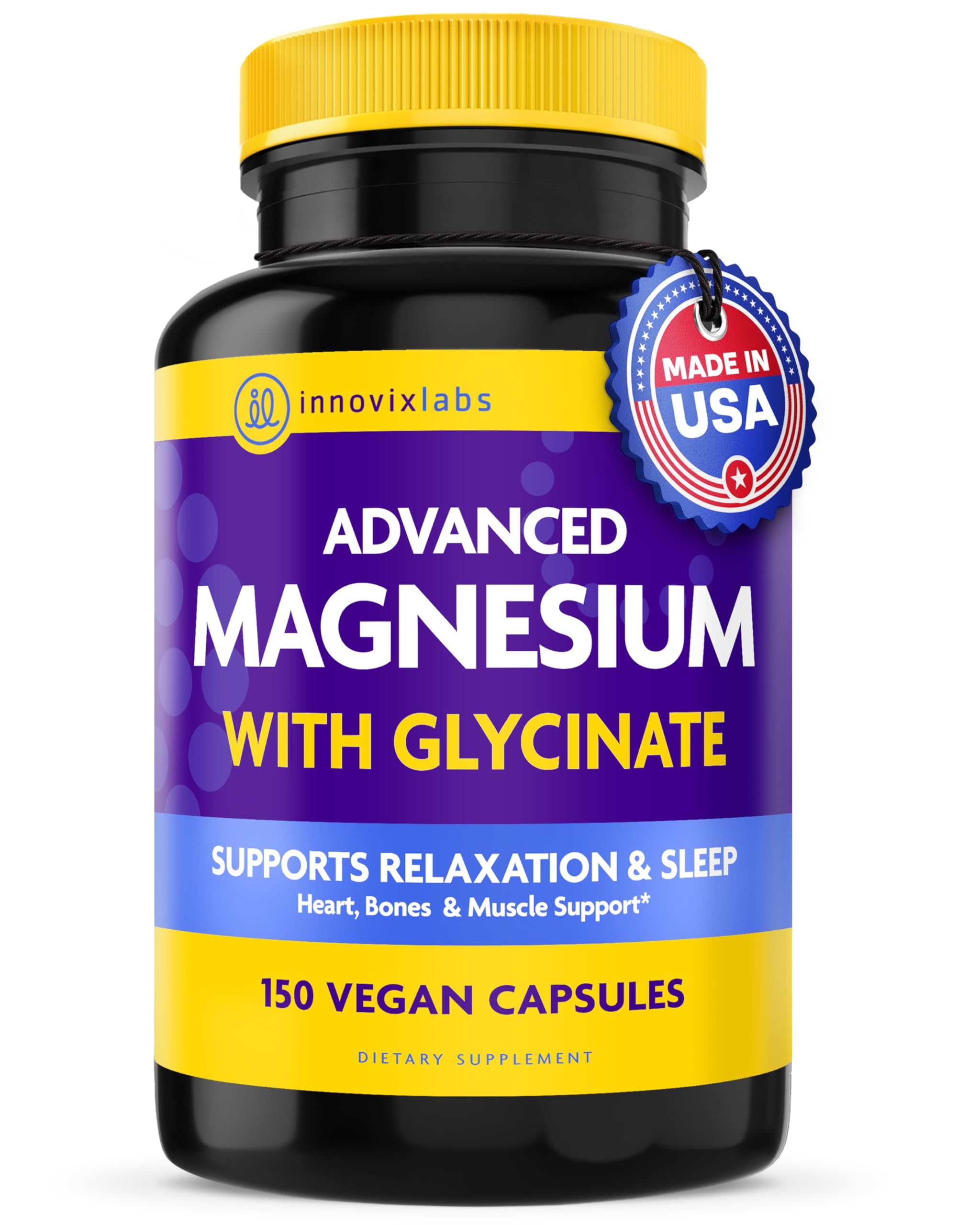 InnovixLabs Advanced Magnesium Capsules - 150 Ct, 210 mg - Chelated Glycinate and Malate - High Absorption, Promotes Relaxation, Bones, Muscle Health