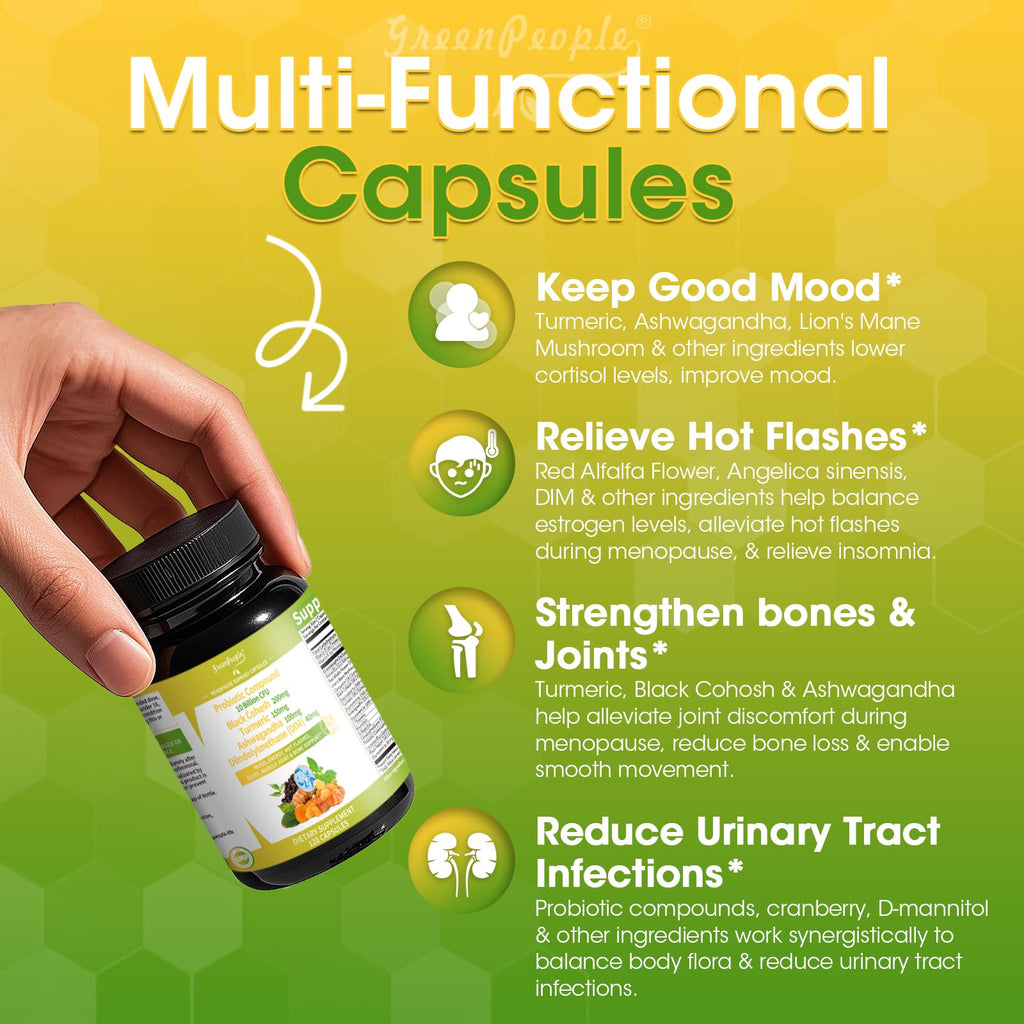 GREENPEOPLE Menopause Supplements for Women - Black Cohosh & Ashwagandha for Hot Flashes, Night Sweats, Mood Swings, Hormonal Balance Support,10 Billion CFU Probiotic - 120 Capsules Vegan Gluten-Free GREENPEOPLE Au supplements