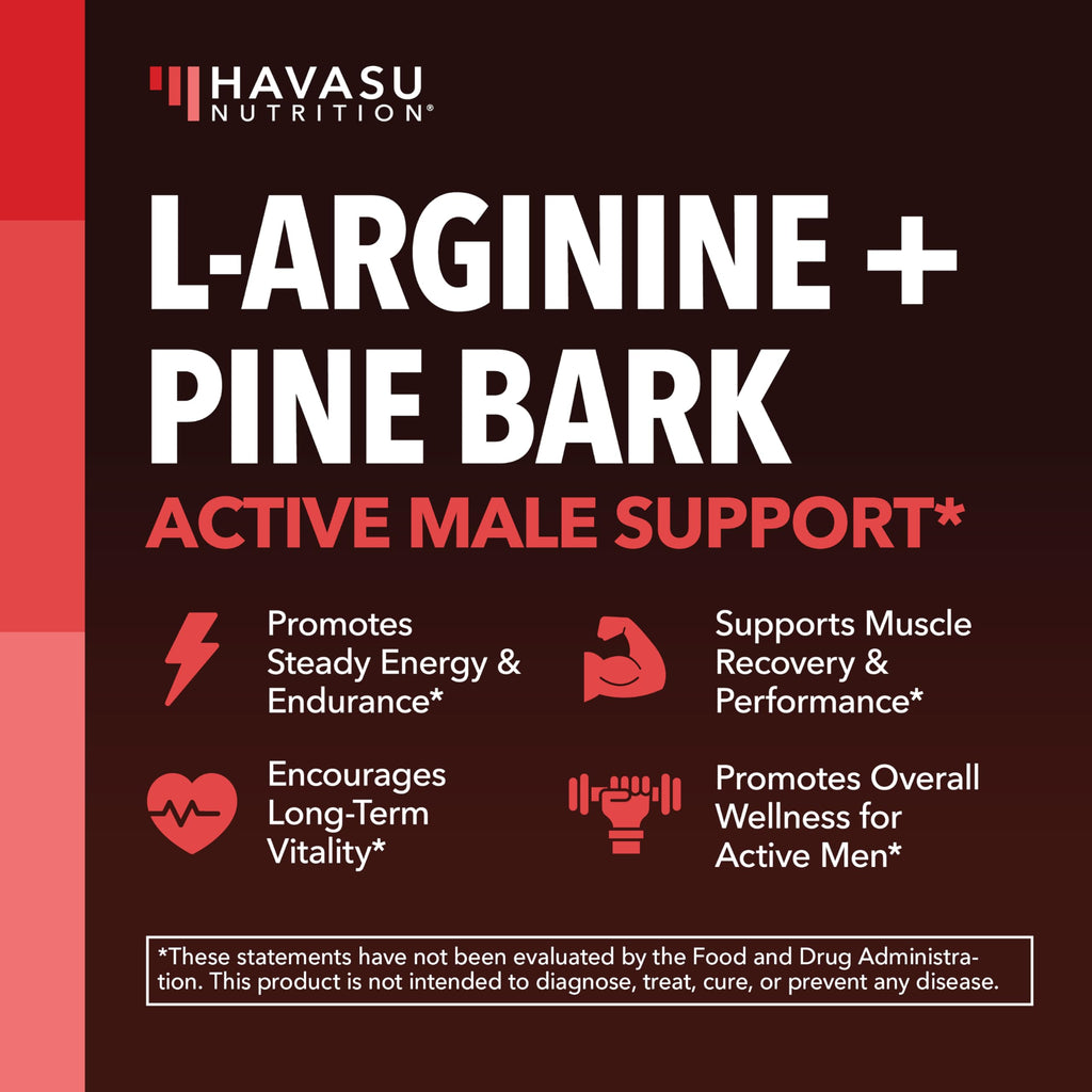 L-Arginine 1800mg and Pine Bark Extract 100mg - Nitric Oxide Supplement for Men - Performance Supplement for Men's Health - 90 Count - Endurance, Recovery Support