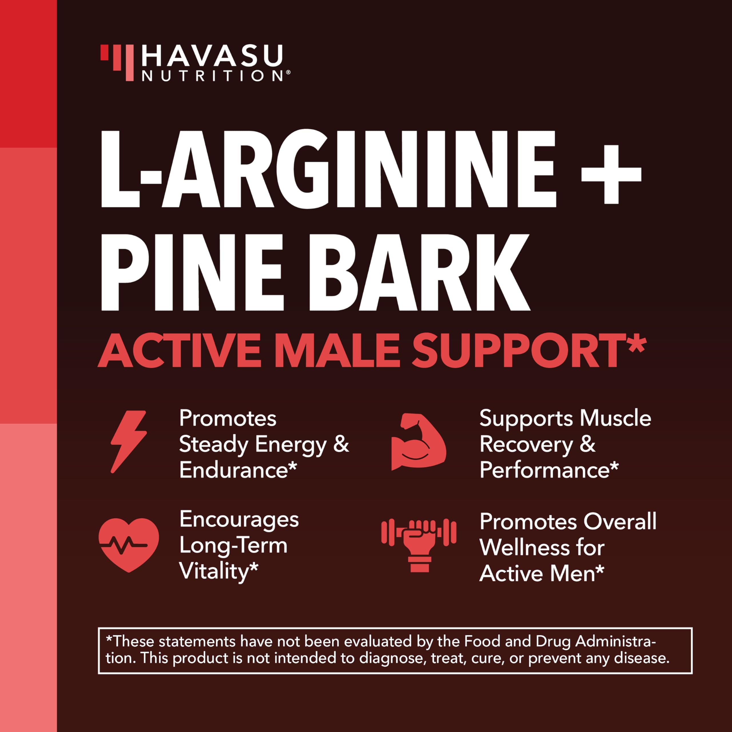 L-Arginine 1800mg and Pine Bark Extract 100mg - Nitric Oxide Supplement for Men - Performance Supplement for Men's Health - 90 Count - Endurance, Recovery Support