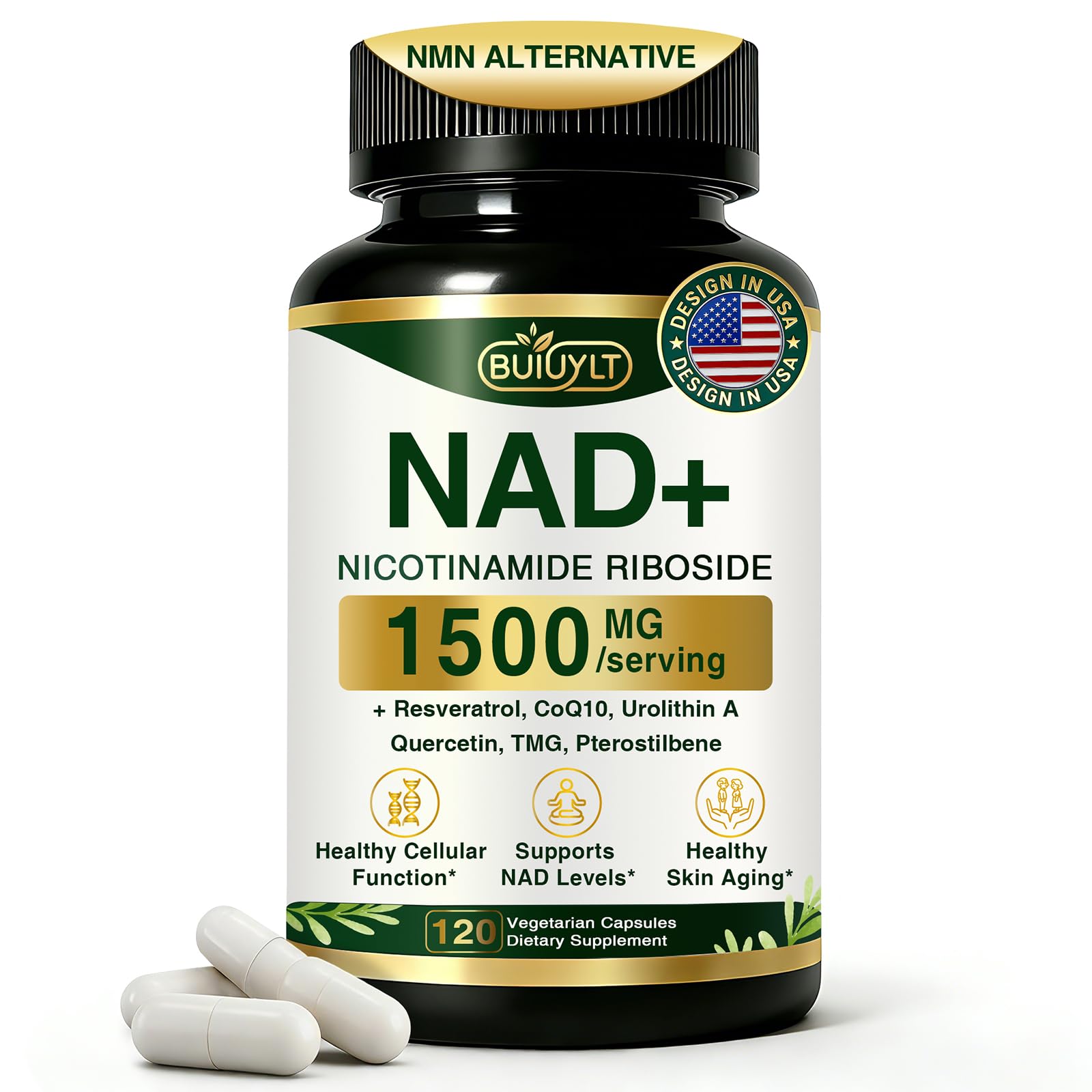 BUIUYLT NAD+ Supplement 1500mg, NR NMN Replacement with Resveratrol, Urolithin A, CoQ10 & Quercetin for Cellular Energy, Healthy Aging & Stamina for Women & Men - 120 Capsules BUIUYLT Au supplements