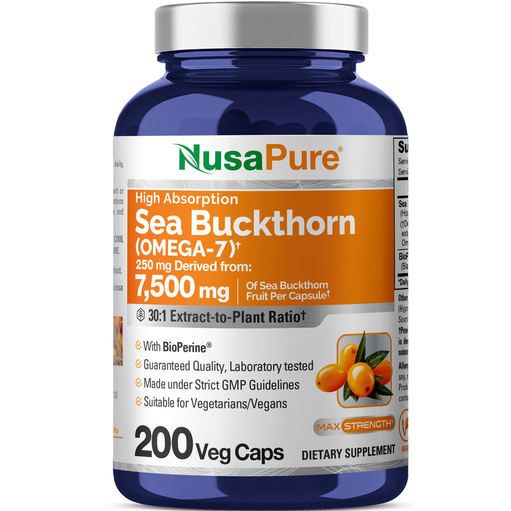 NusaPure Sea Buckthorn Omega-7 30:1 Extract, 250 mg Equivalent to 7,500mg per Veggie Caps - 200 Capsules - Non-GMO & Vegan NusaPure Au supplements
