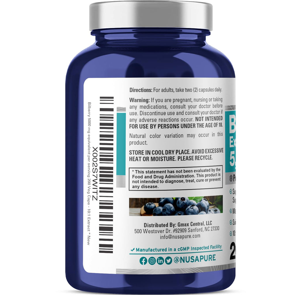 NusaPure Bilberry Extract 5,000mg 200 Vegetarian caps (Non-GMO, Vegan) NusaPure Au supplements