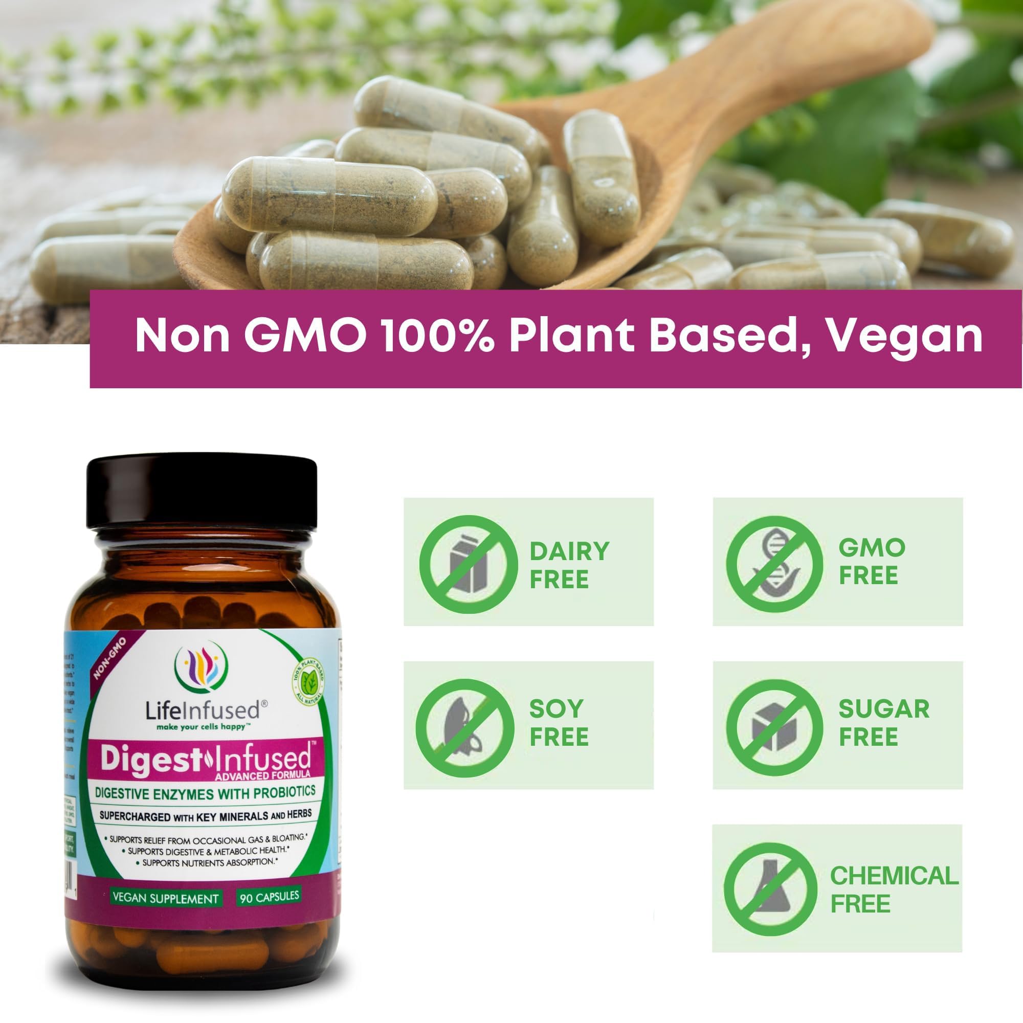 Life Infused Digestive Enzymes with Probiotics – 21 Plant-Based Enzymes with Bromelain, Papain, Amylase & Protease – Digestive Support for Gas & Bloating –