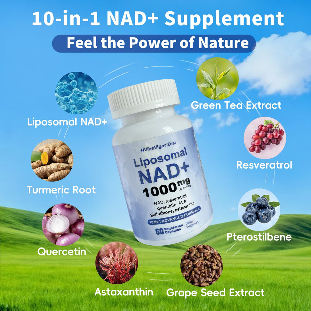NAD Supplement 1000mg, Liposomal NAD+ Supplement with Resveratrol, Glutathione & Astaxanthin - Support Cellular Health, Stamina & Healthy Aging, NMN Supplement Alternative – 60 Capsules HVibeVigor Zest Au supplements