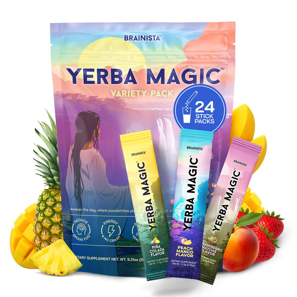 Yerba Magic Instant Yerba Mate Powder Packets – Clean Energy & Focus Drink Mix for Gut Health – Nootropic Blend with Lion’s Mane, L-Theanine, Prebiotics & Probiotics – Low Sugar Natural Caffeine – Variety Pack, 24 Sticks Brainista Au supplements