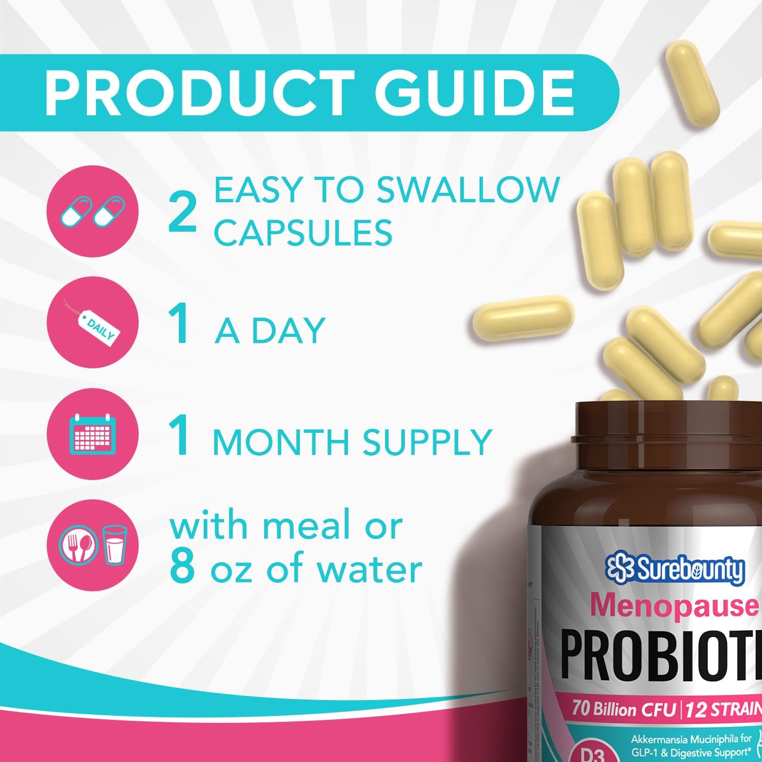 Surebounty Menopause Probiotic Supplement for Women, 70 Billion CFU, with Akkermansia Muciniphila, Vitamins B6 & D3, Botanicals, for Hormone Balance, Hot Flashes, Night Sweats, Gut Health, 60 Capsules Surebounty Au supplements