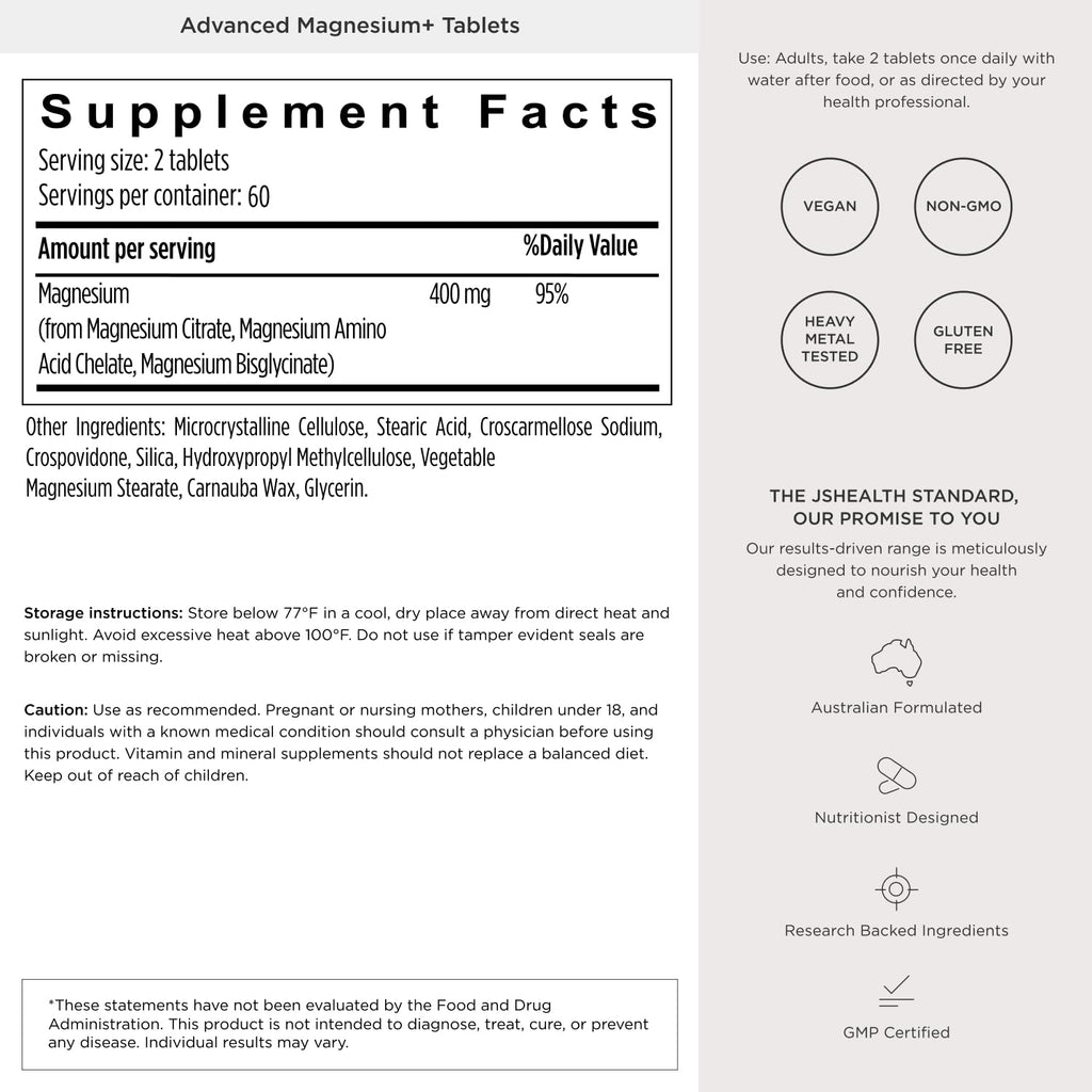 JSHealth Magnesium Supplement for Sleep. 400mg Triple-Form Glycinate, Citrate, Amino Acid Chelate